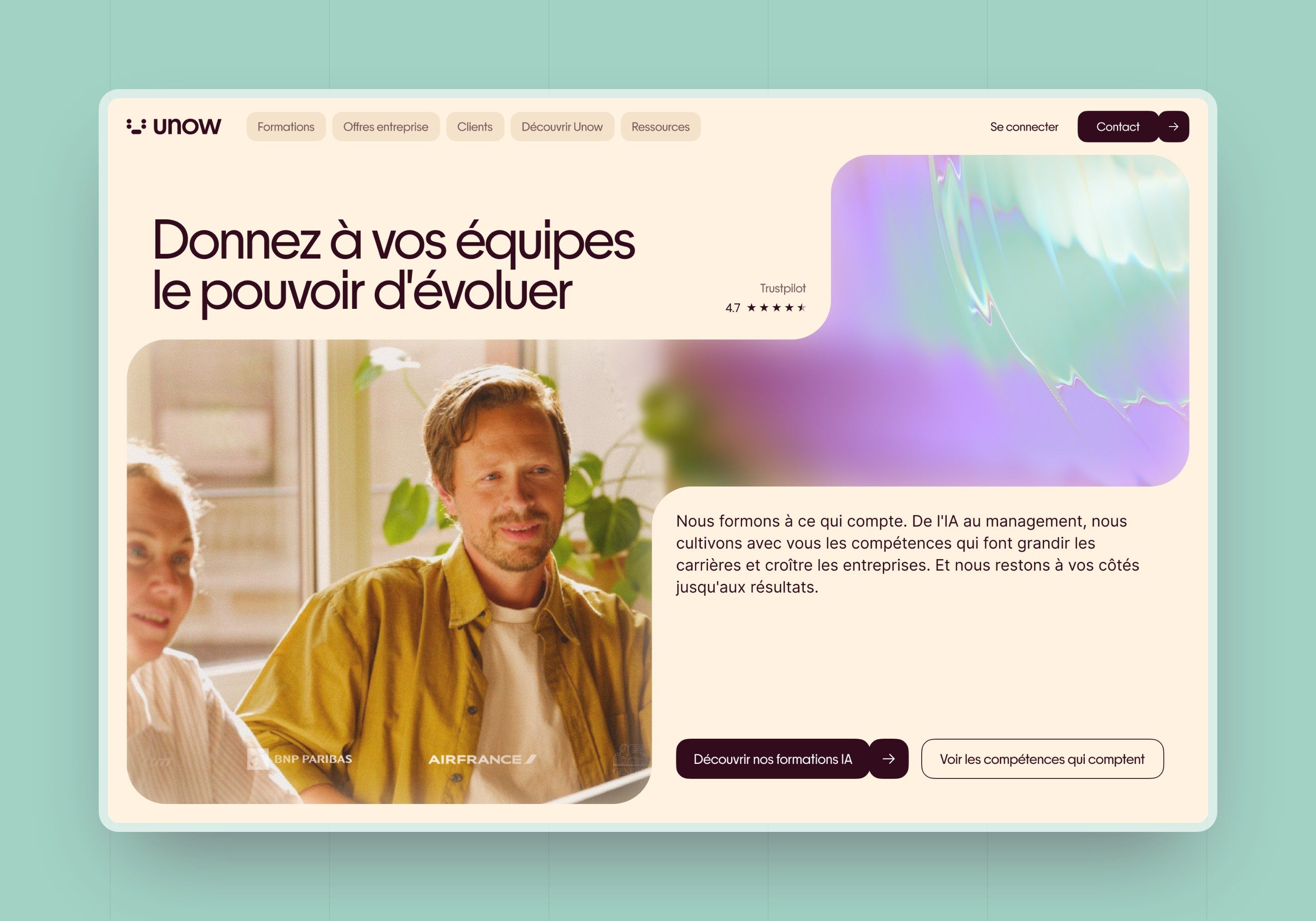 Direction A: Unow hero with a green and violet glass gradient and a photo of a smiling learner