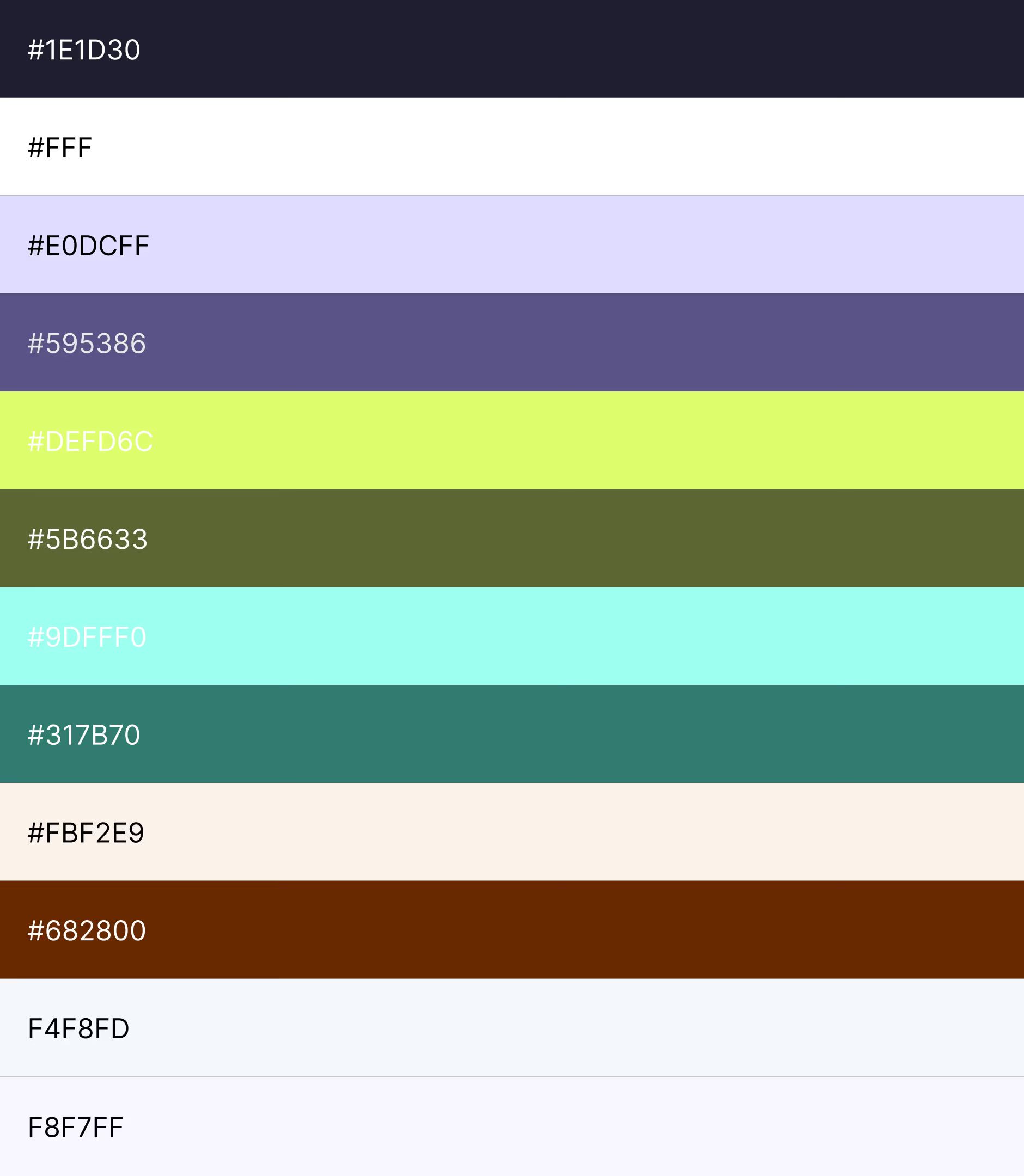 Palette de couleurs du UI Kit Openeat : bleu nuit, lavande, violet, vert citron, olive, turquoise, crème, brun