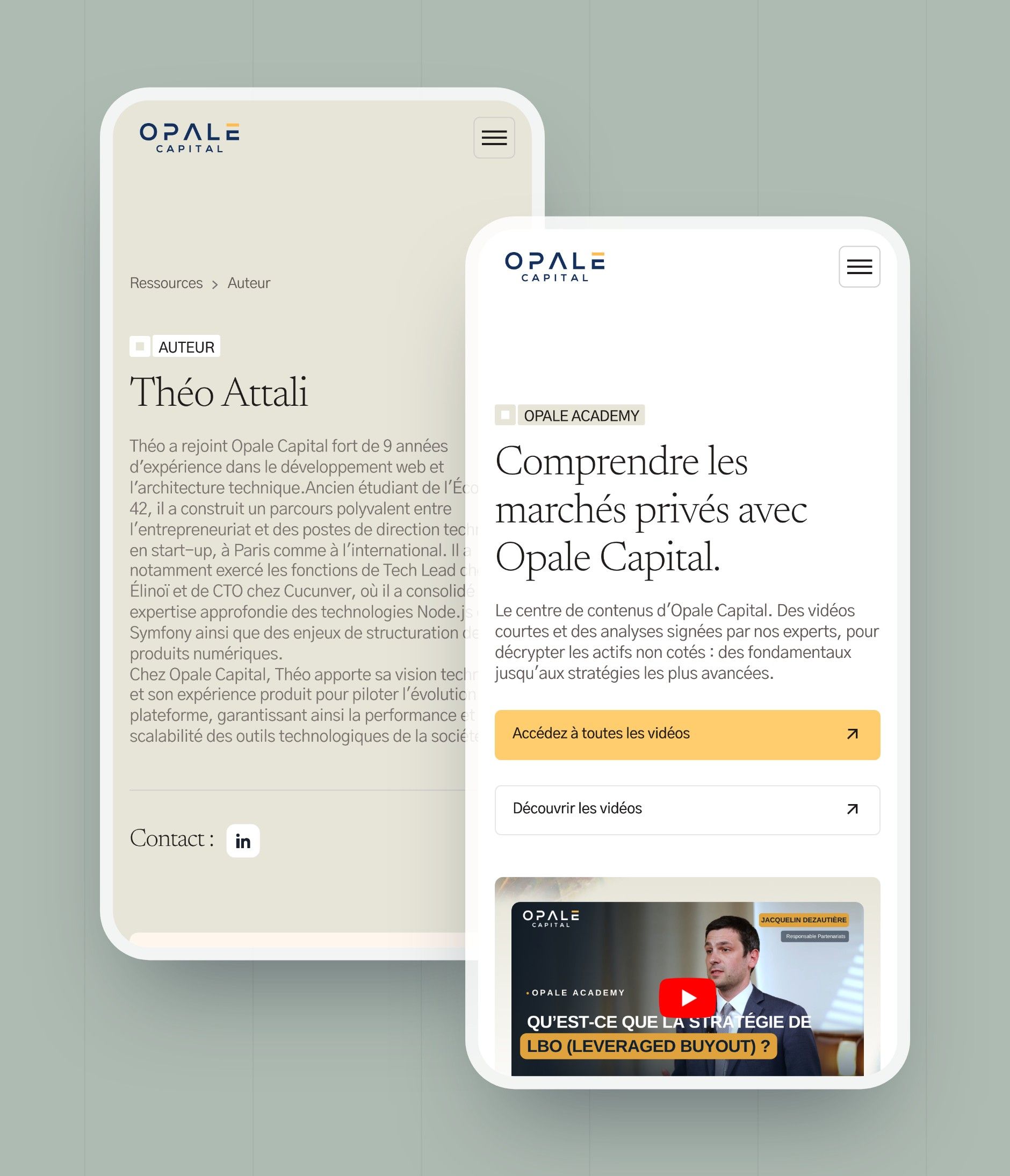 Team member page and the Opale Academy page on mobile, two pages generated by the CMS