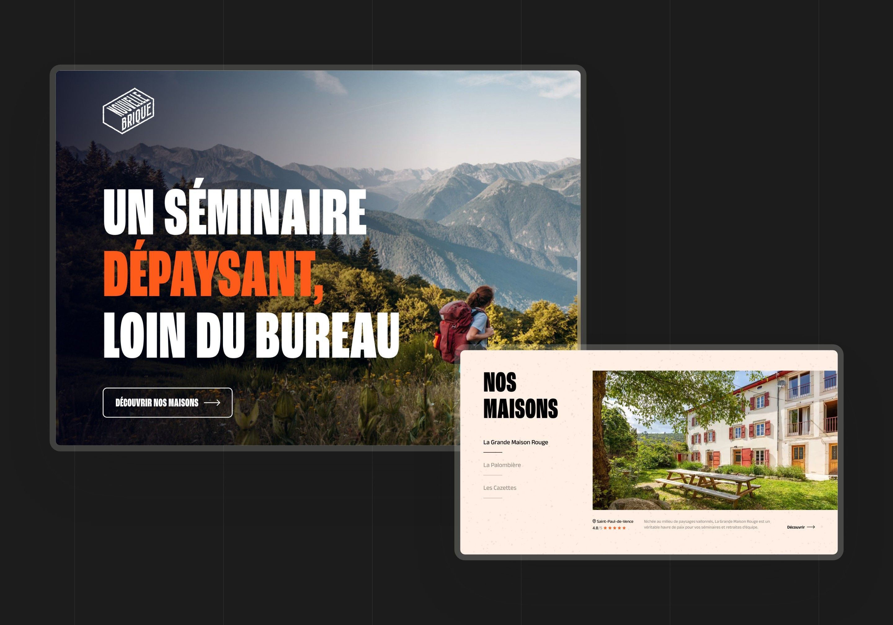 Direction 2, The poster: “A refreshing retreat, far from the office” in condensed capitals and the Our houses section