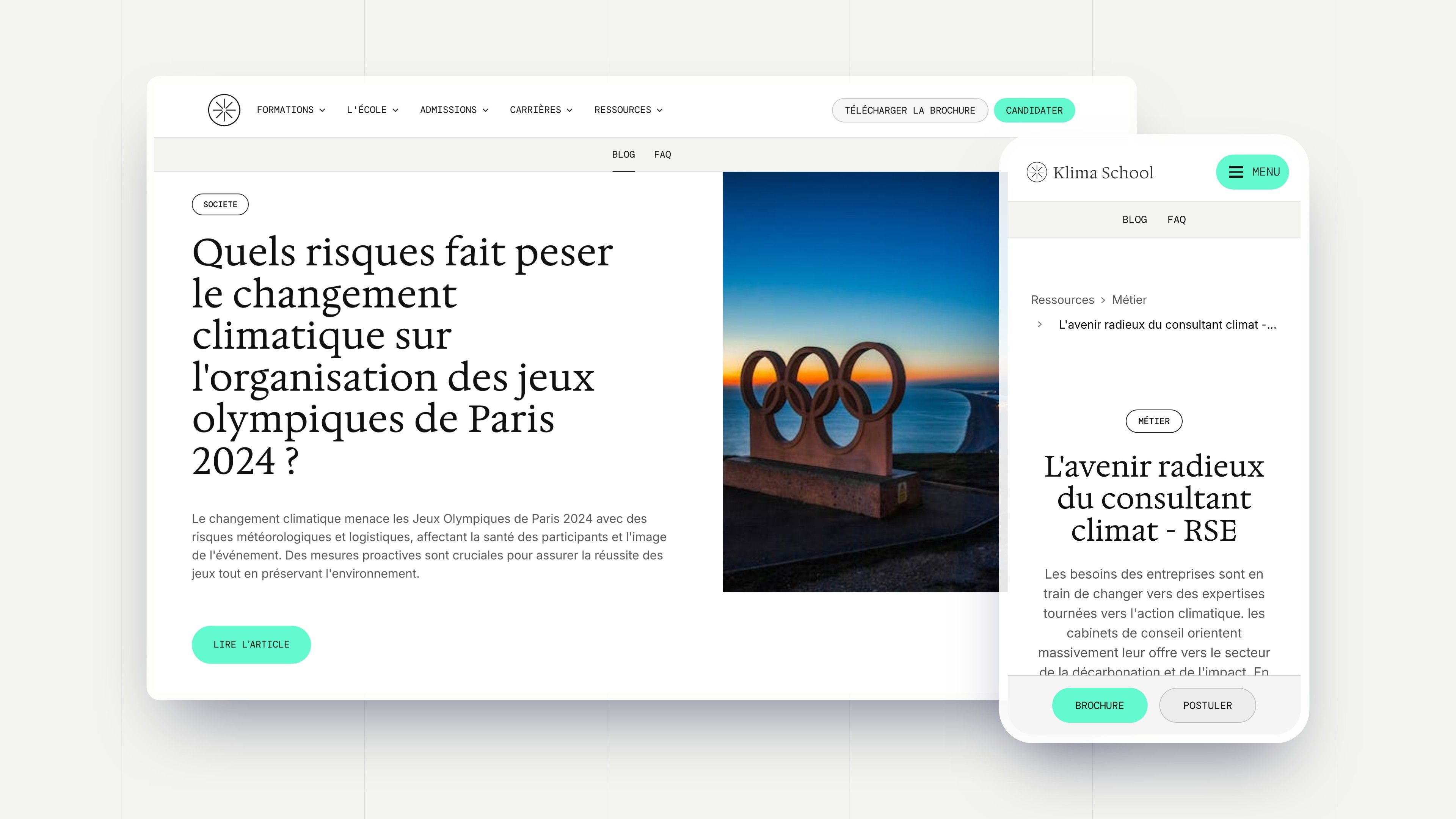 Klima School blog on desktop and the article “The bright future of the climate and CSR consultant” on mobile