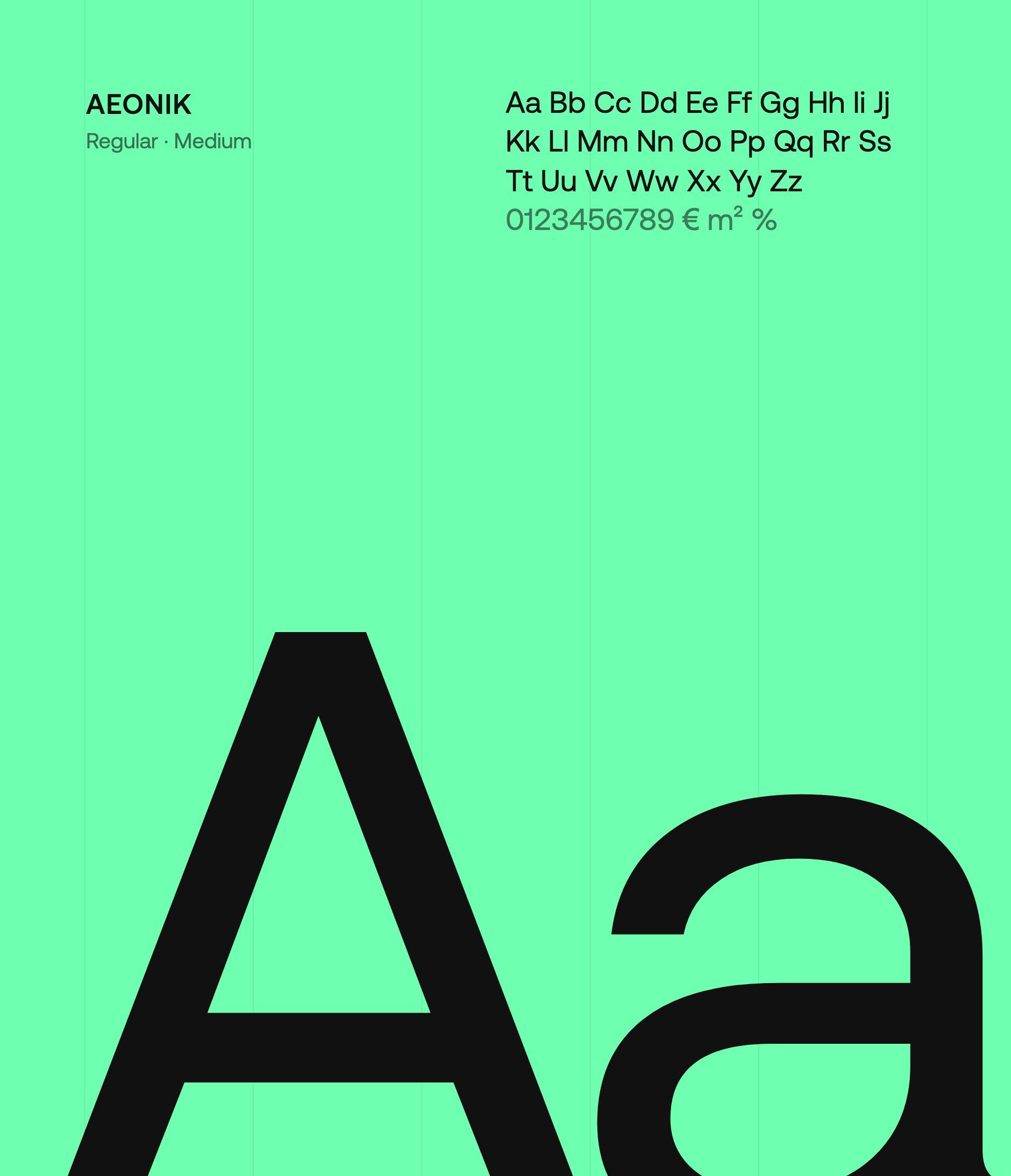 Aeonik, the site's typeface: a large black “Aa” on a mint green background, alphabet and figures