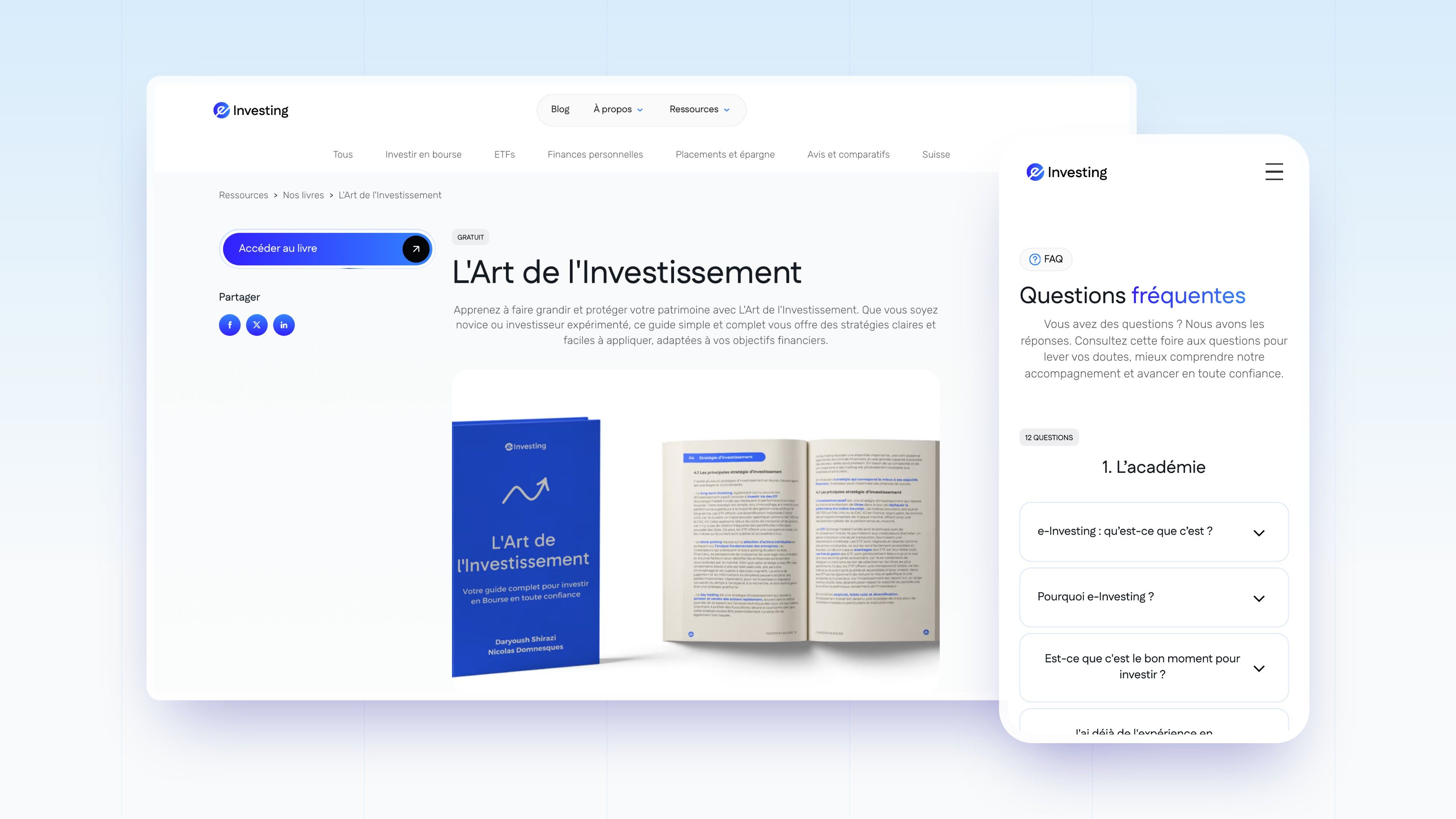 Page for the book “L'Art de l'Investissement” on desktop and the FAQ on mobile