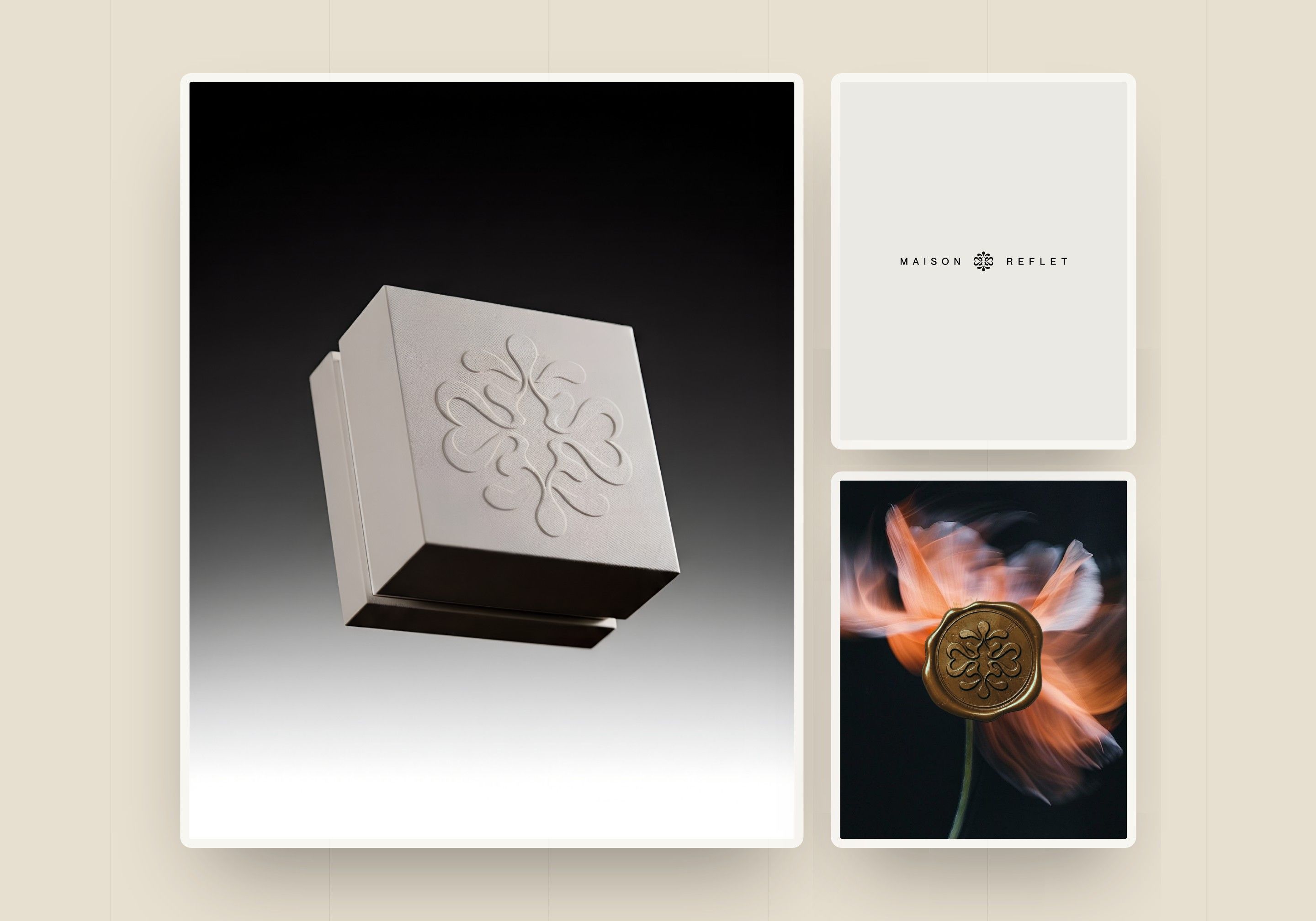 Direction 1, The imprint: box embossed with the symbol, logotype in capitals and wax seal