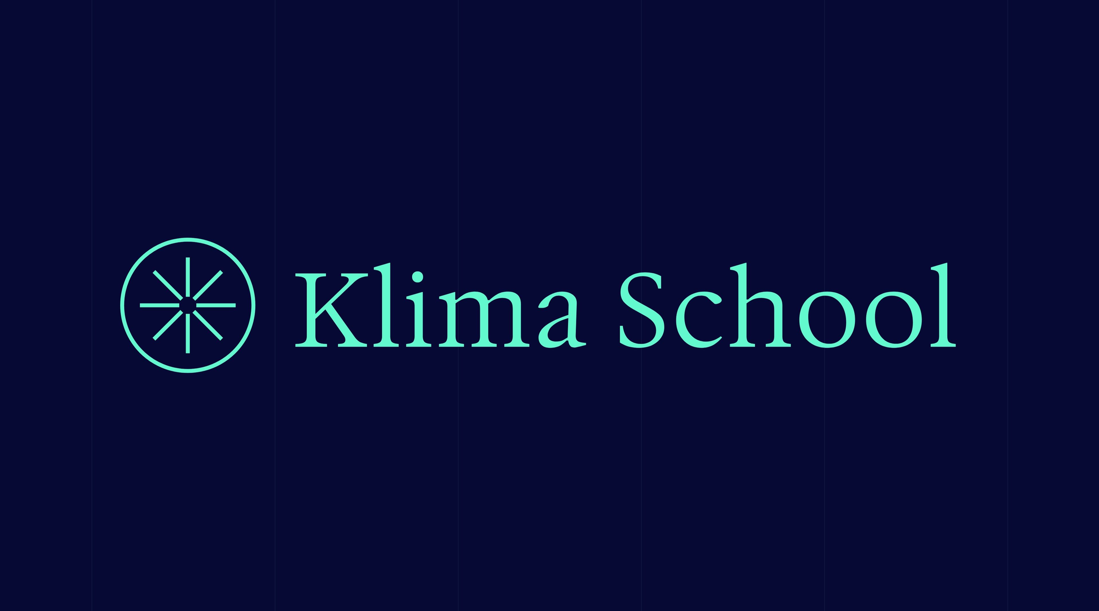 Klima School logo: the eight-ray symbol and the logotype, in mint green on midnight blue