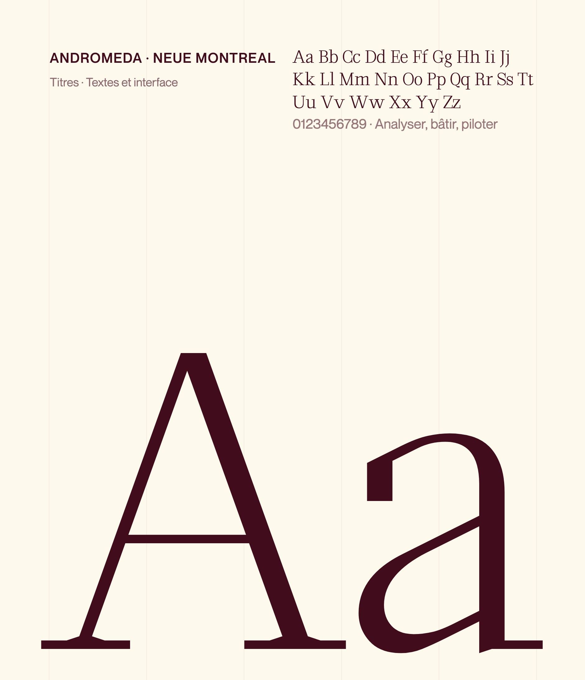 Andromeda and Neue Montreal, Perle Noire's typefaces: a large burgundy “Aa”