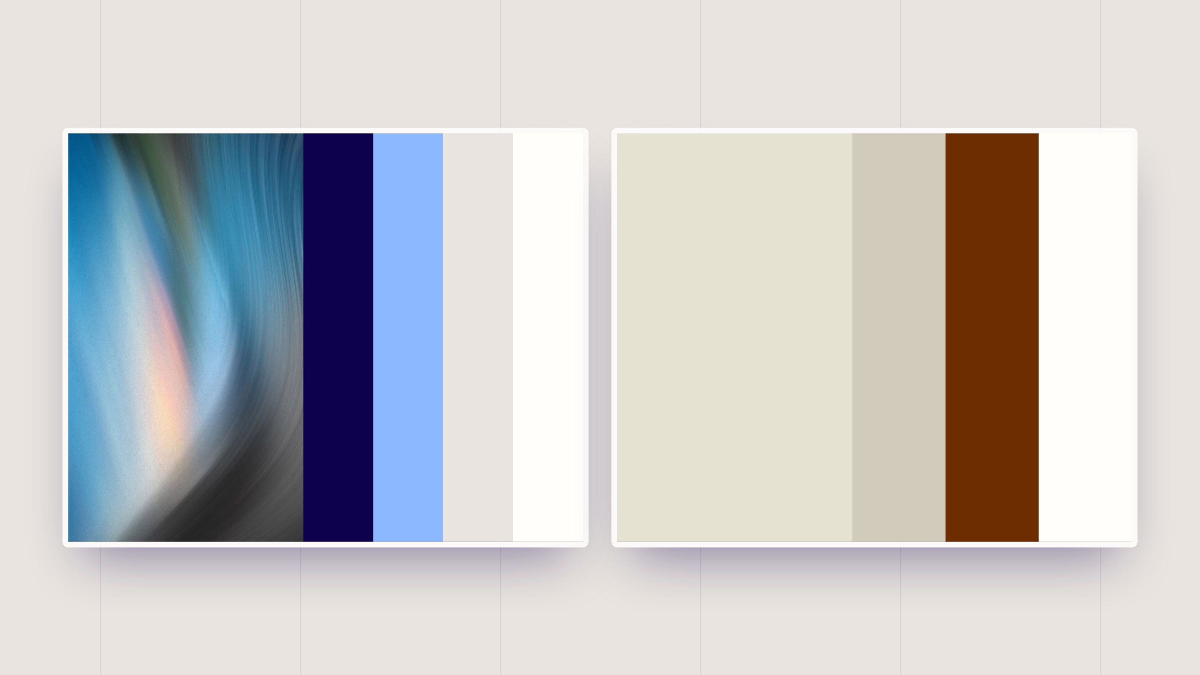 Palettes of directions 1 and 2: midnight blue, sky blue and beige on one side, cream, greige and brown on the other