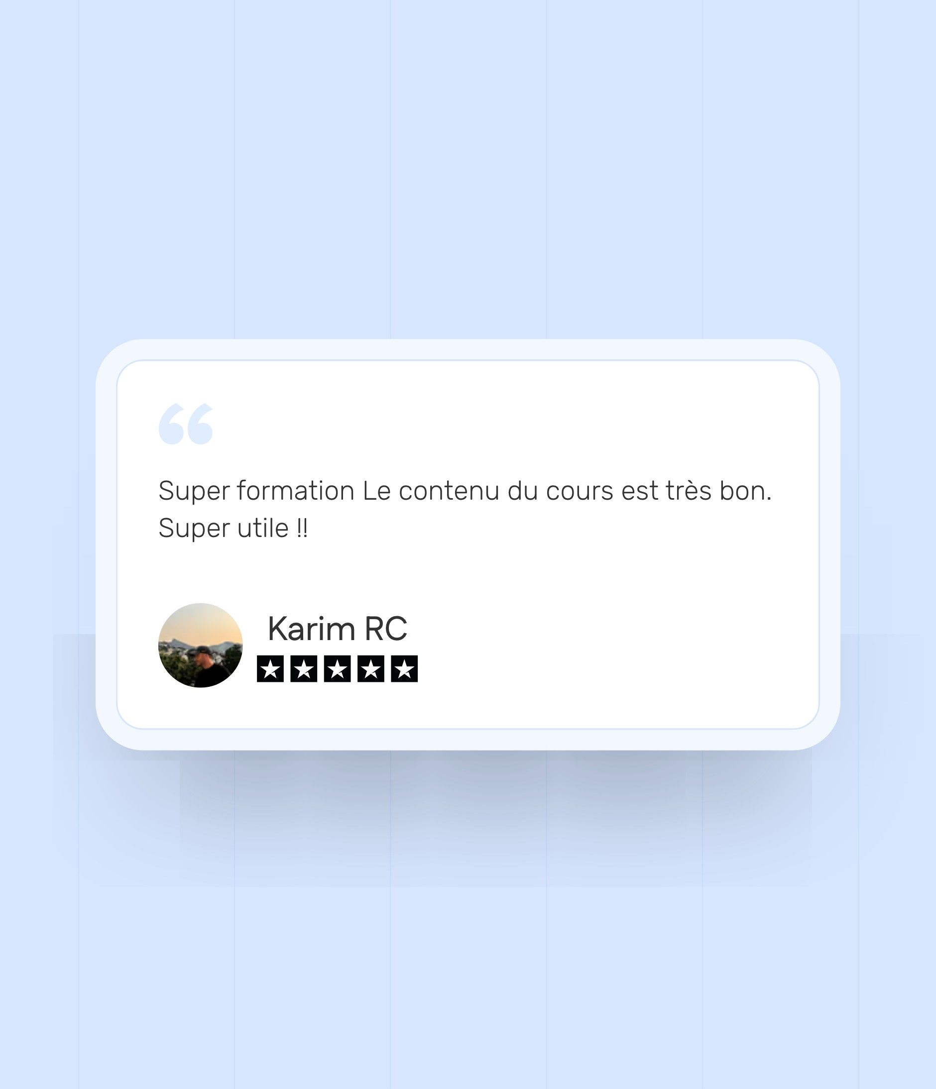 Testimonial card from the e-Investing website, on a sky blue background