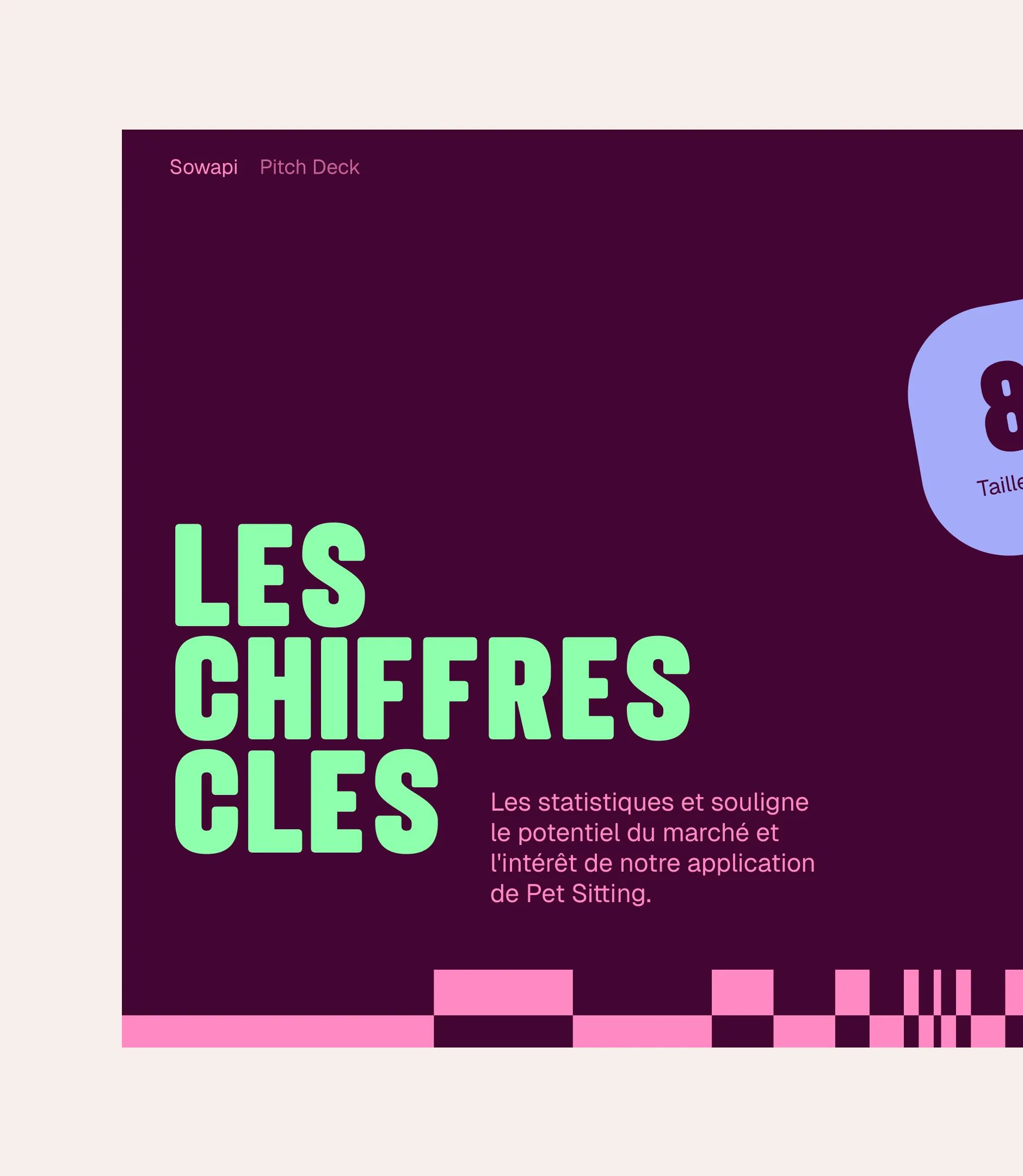 Sowapi pitch deck slide "Les chiffres clés" in green on plum, with a pink checkered pattern and lilac badge