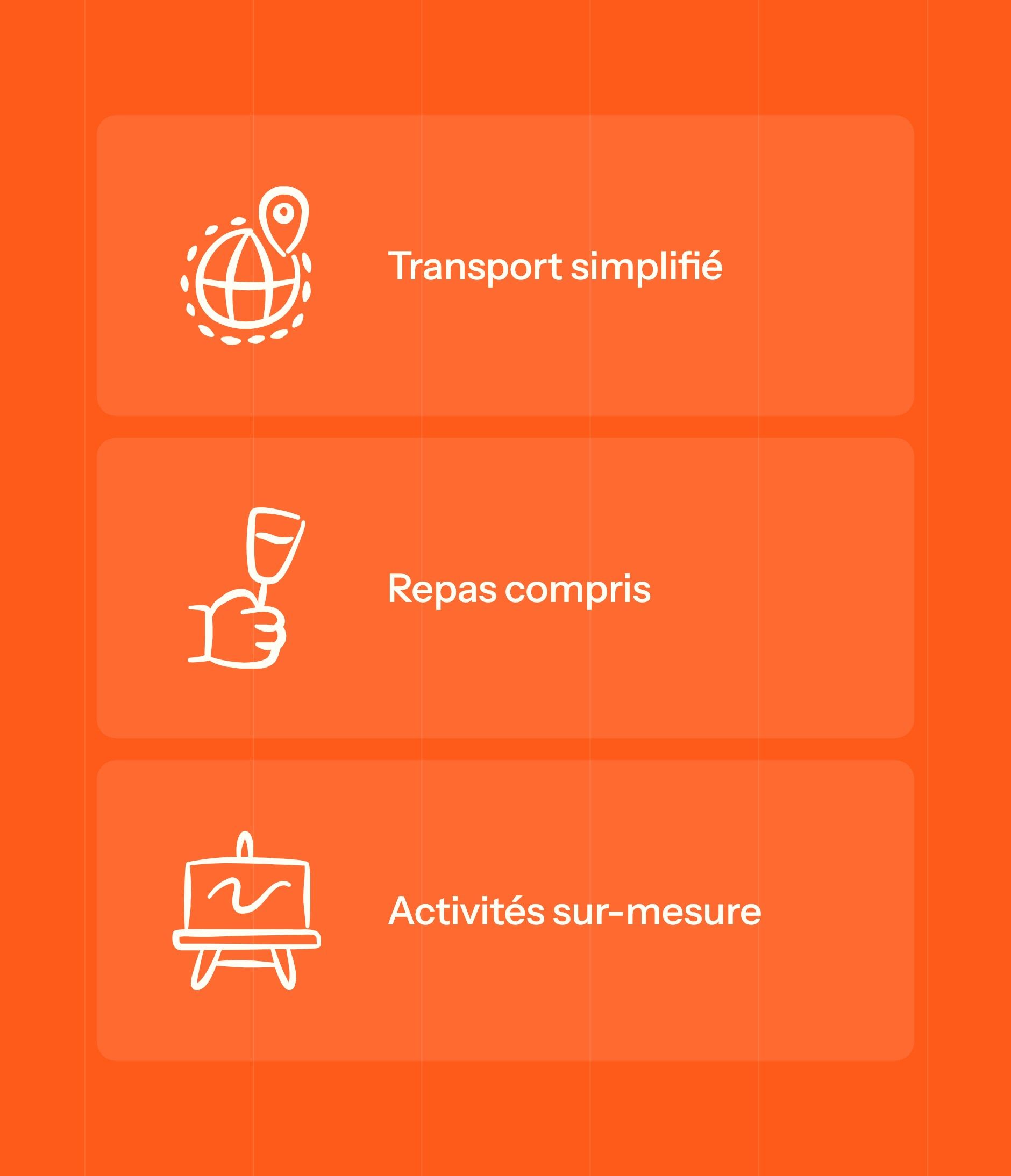 The site's line pictograms: simplified transport, meals included, tailor-made activities