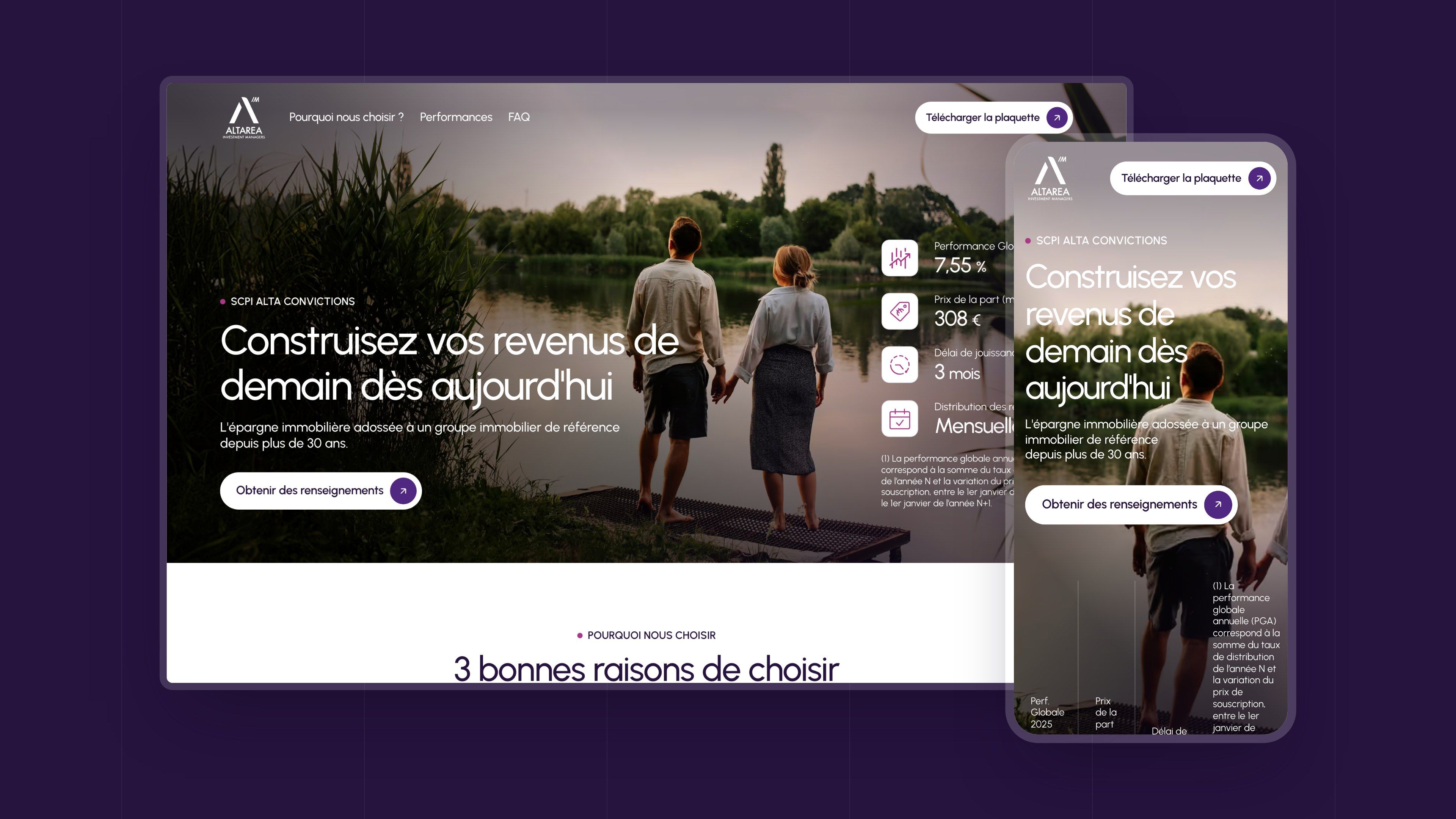 Alta Convictions SCPI campaign page on desktop and mobile, on an aubergine background