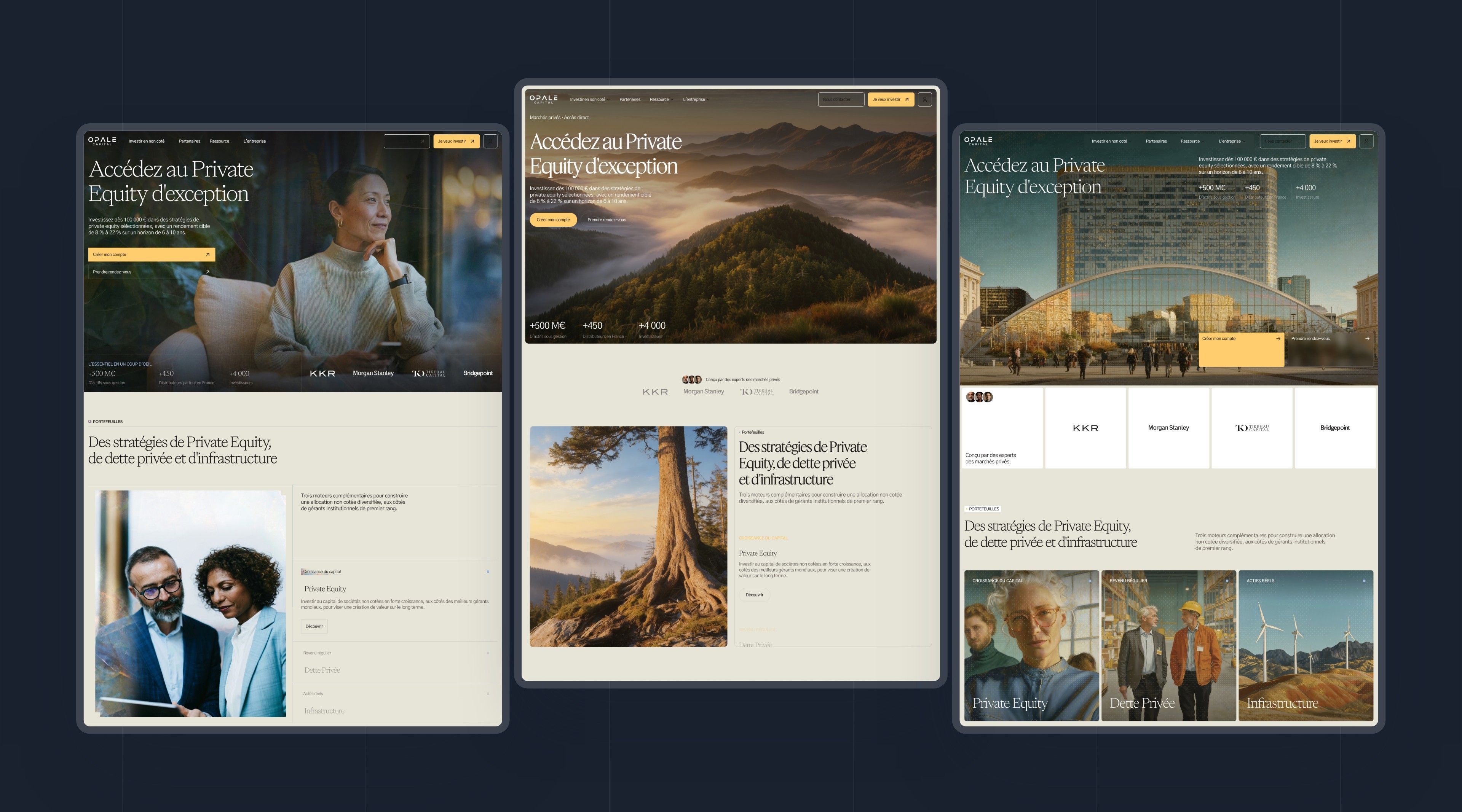 The three home page directions explored for Opale Capital, side by side on a dark blue background