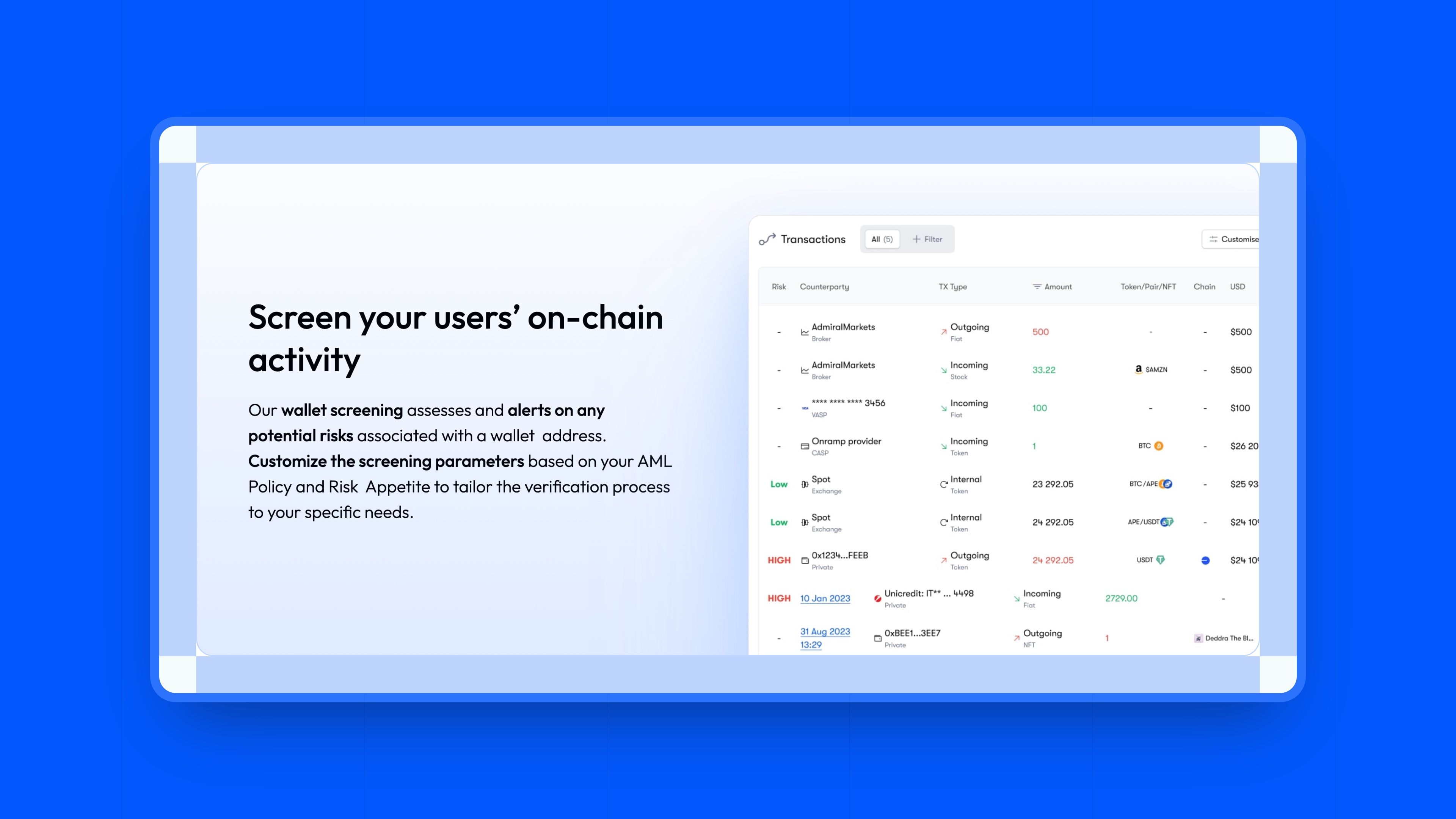 Section ComPilot « Screen your users' on-chain activity » avec le tableau des transactions, sur fond bleu