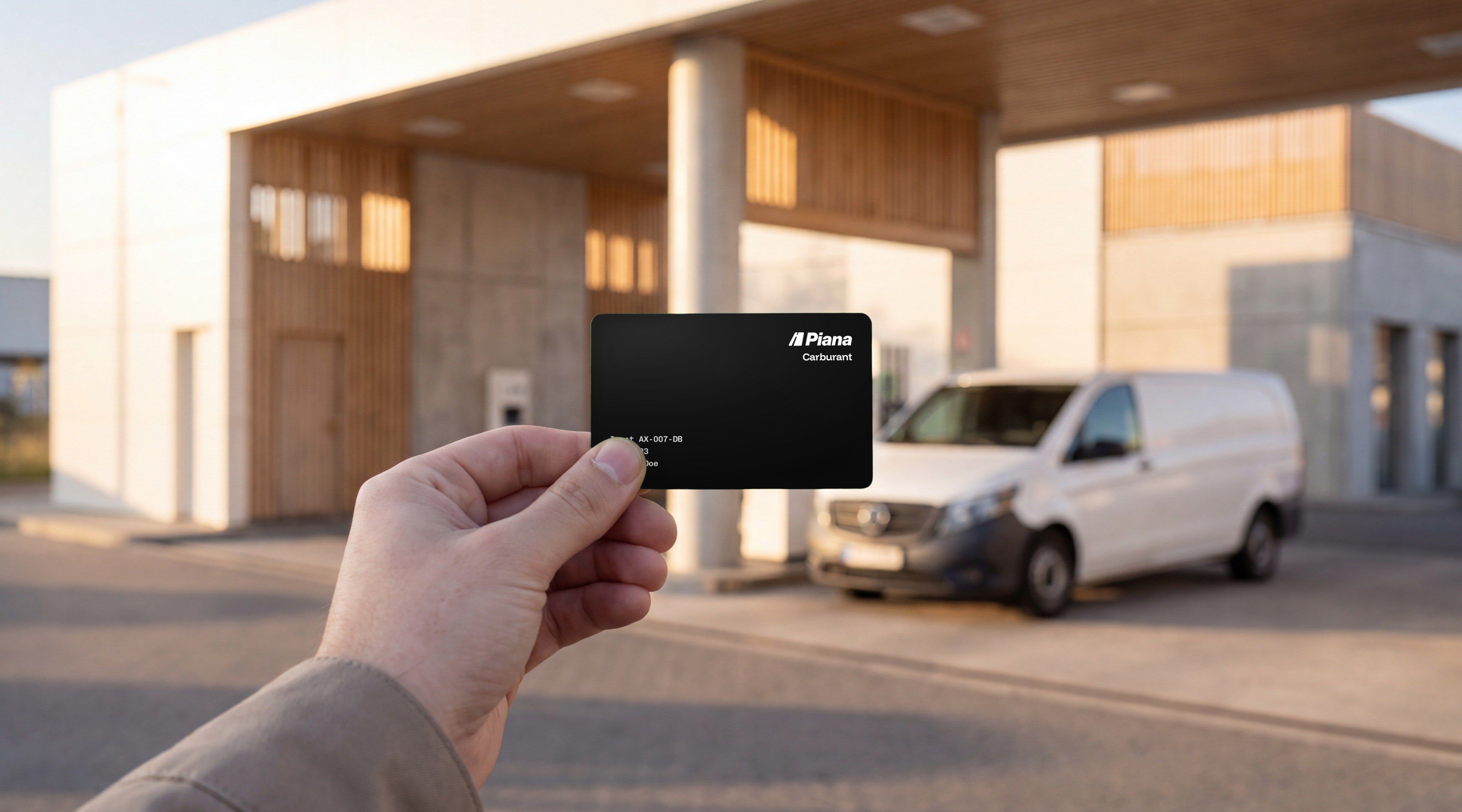 Hand holding the black Piana Fuel card in front of a station and a white van, at golden hour