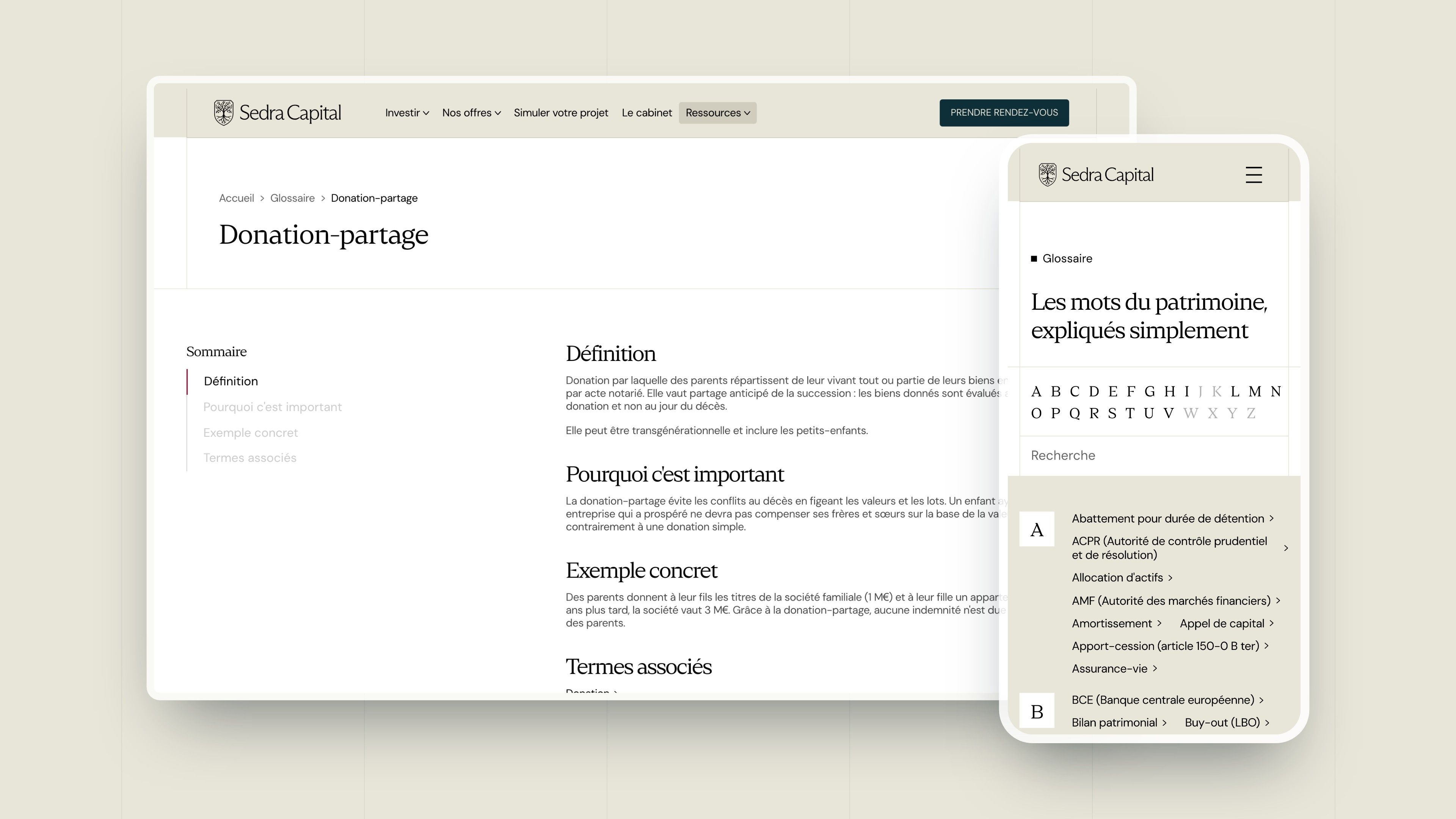 Definition “Donation-partage” (gift-sharing) on desktop and the glossary on mobile