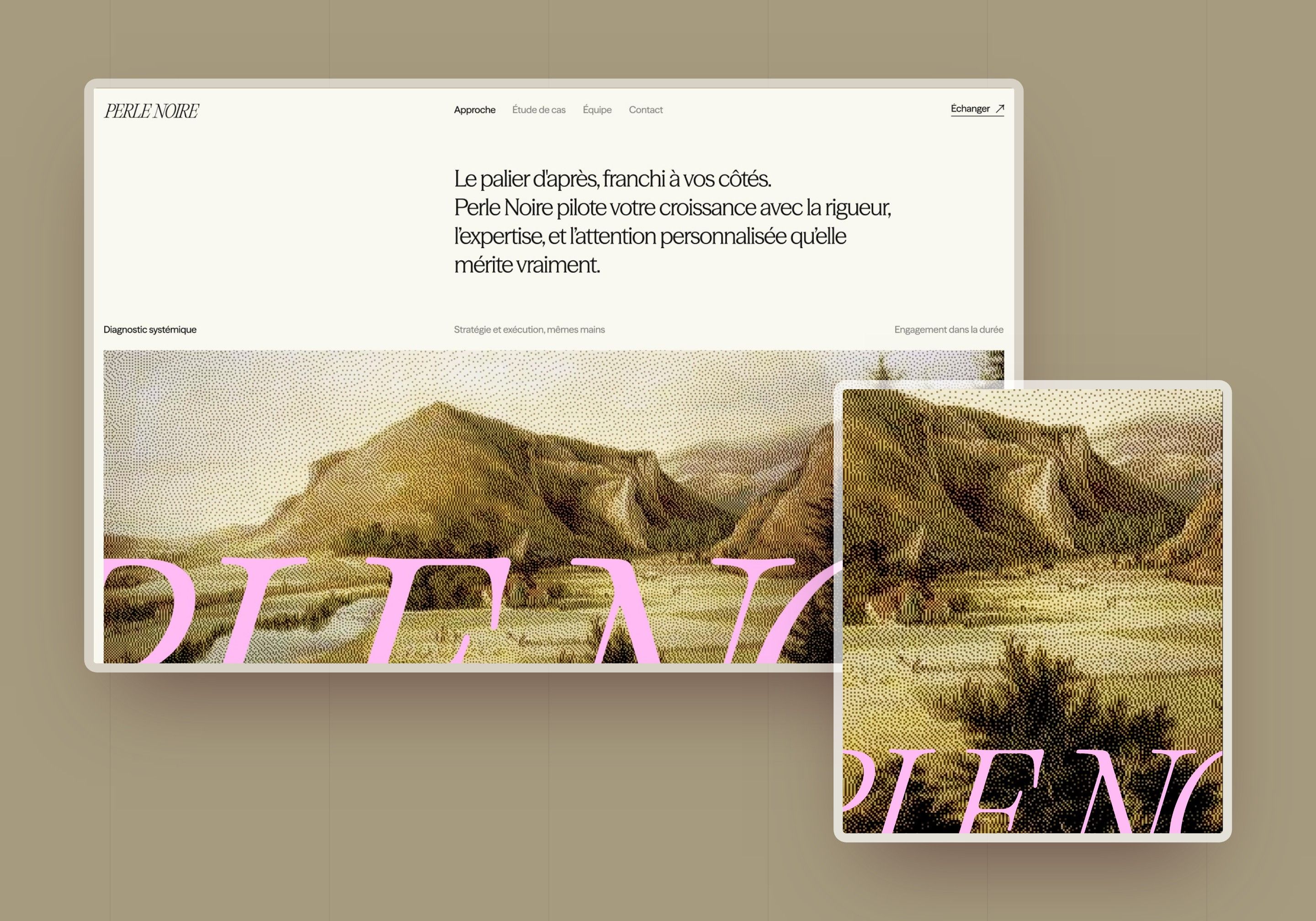 Direction 1: home page “The next level, reached by your side” on a landscape painted in pixels, and a board of the name in pink