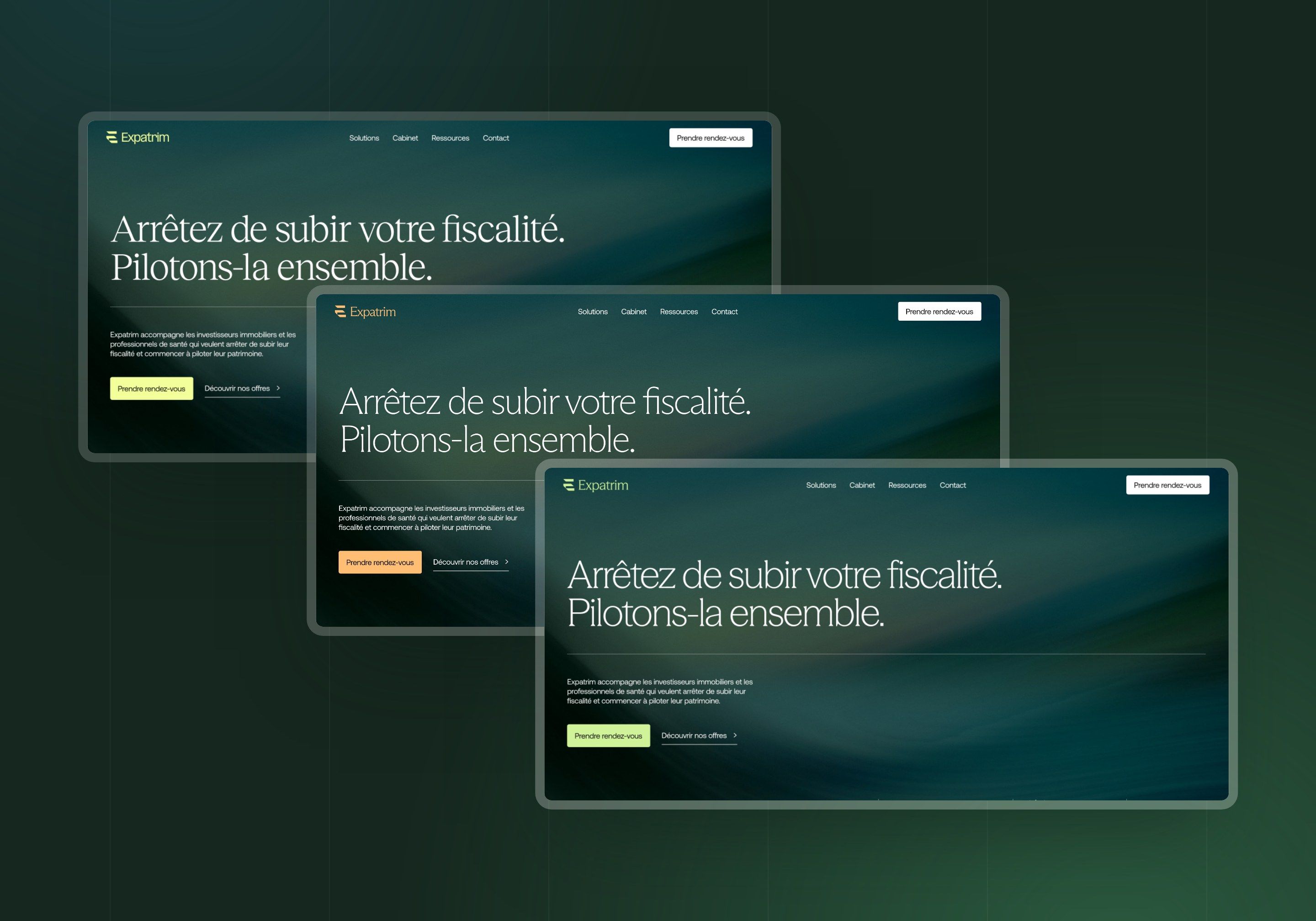 Direction 1.2, The accents: the same page with a lime, orange and soft green button