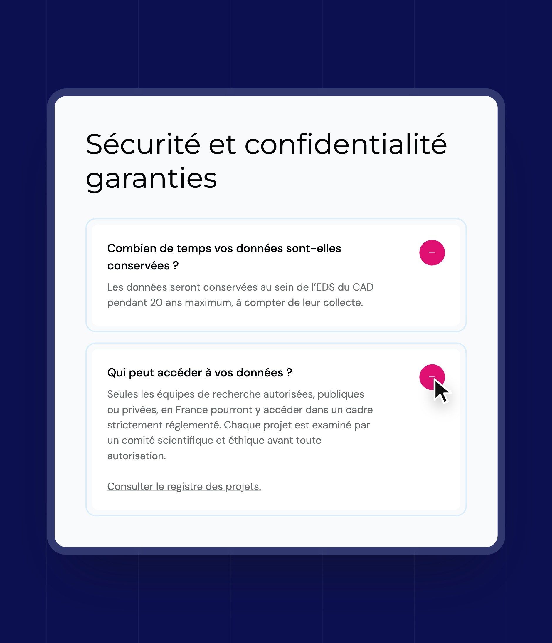 “Guaranteed security and confidentiality” questions in an accordion