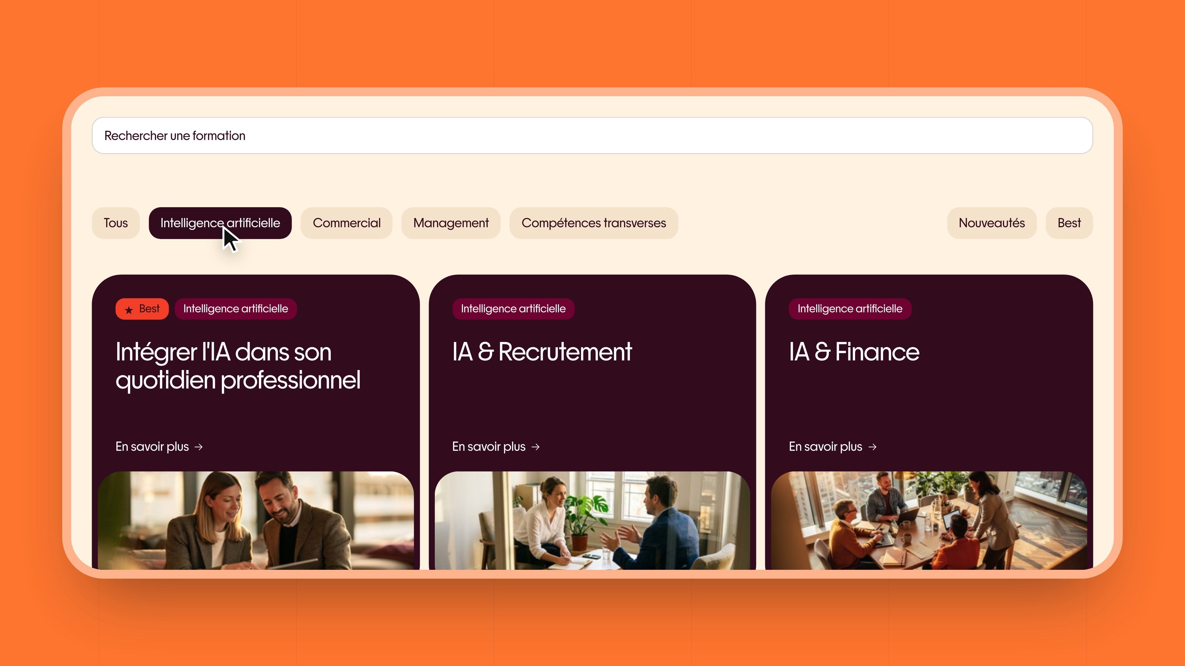 Unow catalogue filtered by area: artificial intelligence, sales, then all courses