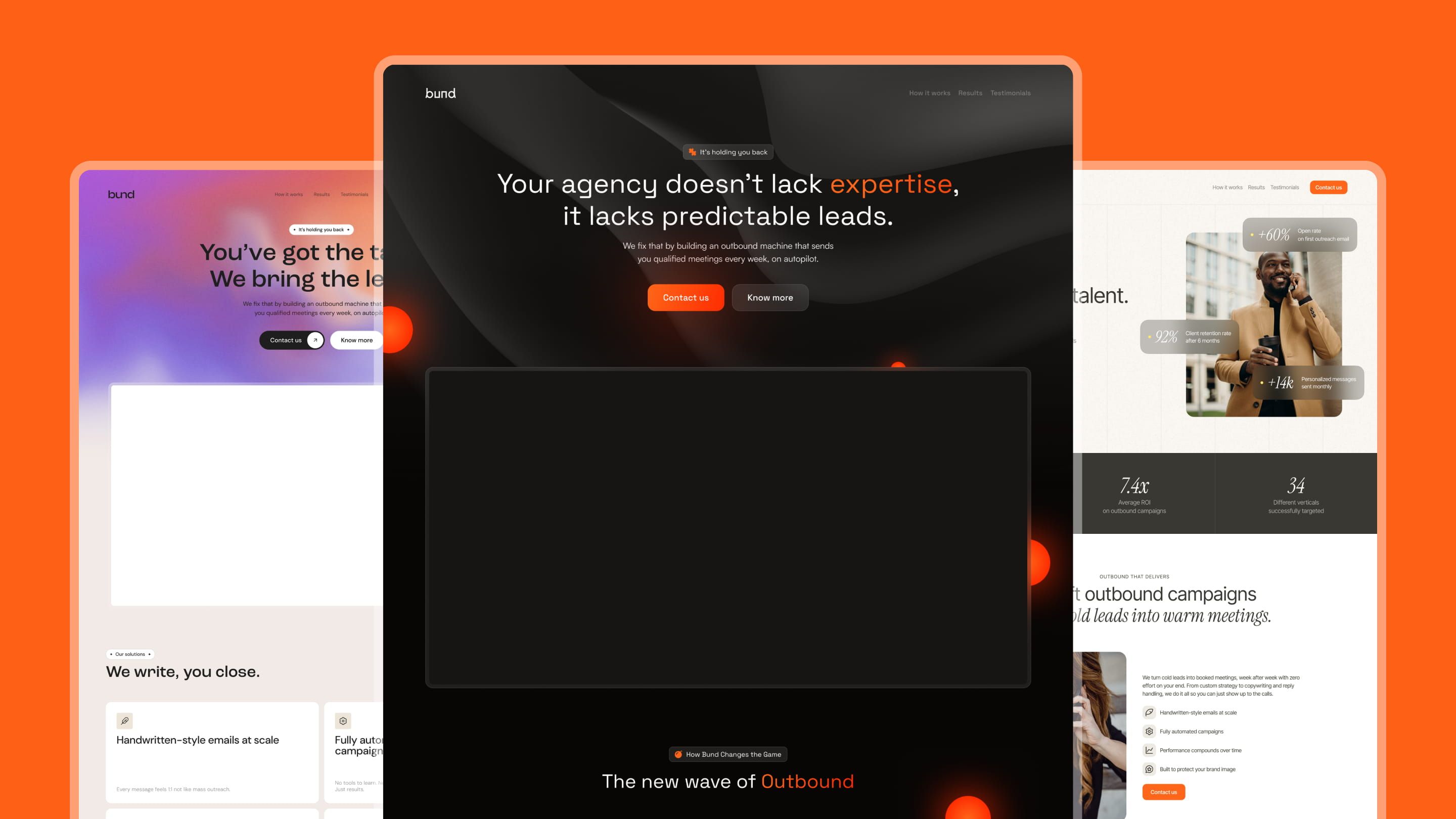 Three Bund homepage mockups on orange background: dark version reading "Your agency doesn't lack expertise"