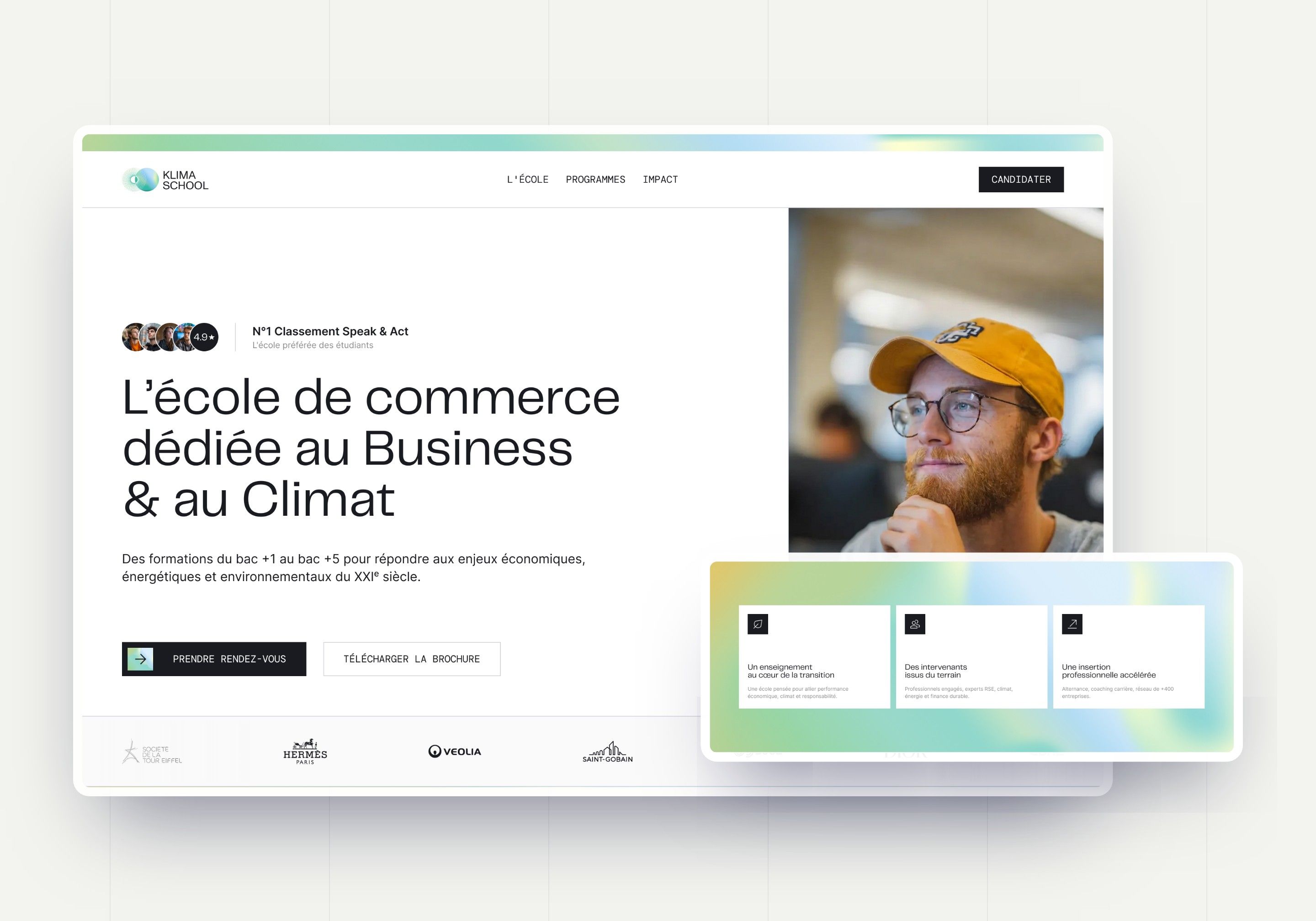 Direction 2, Academic & professional credibility: light grotesque hero, a banner of companies and cards on a green and blue gradient