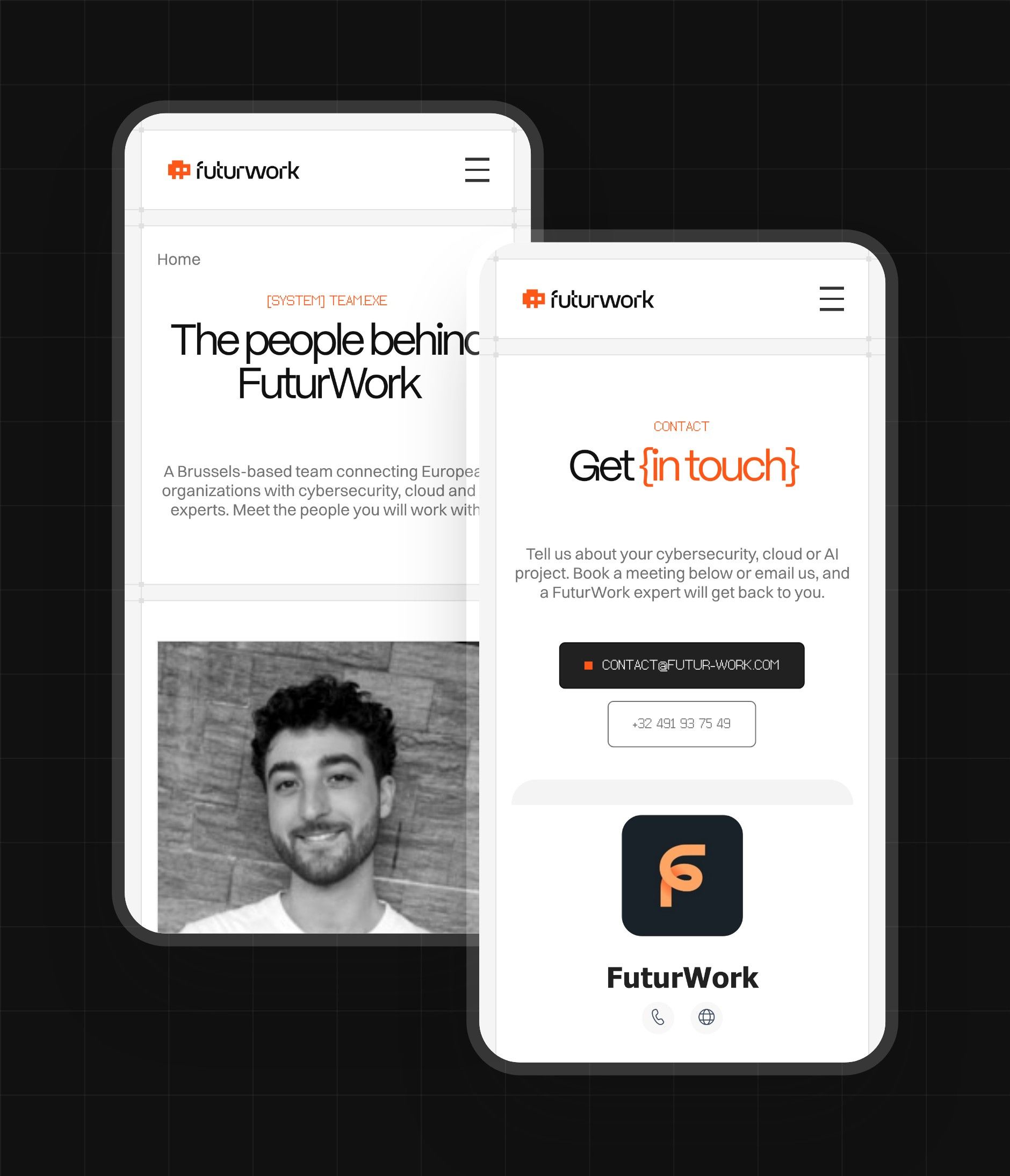 Futurwork Team and Contact pages on mobile