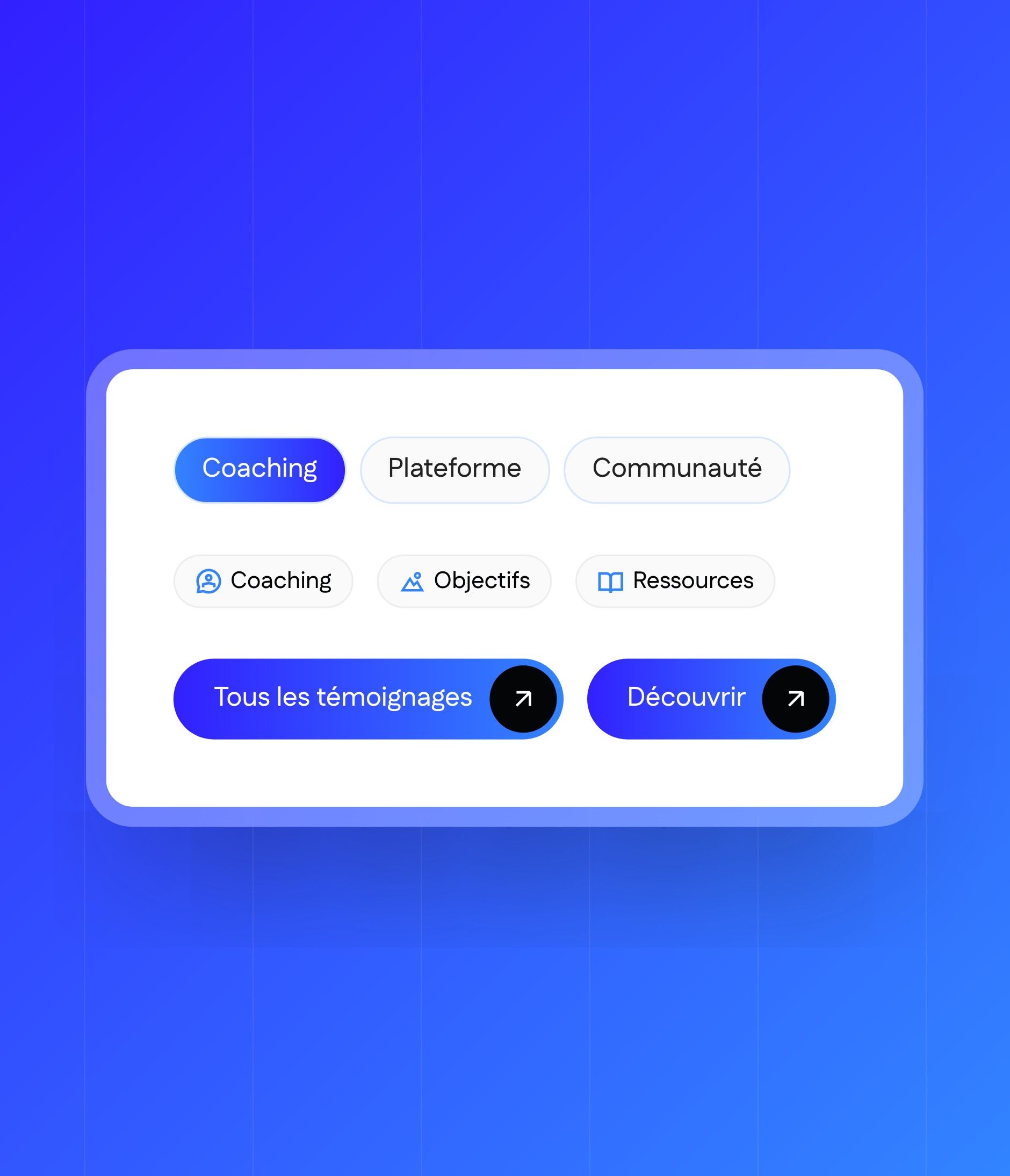 Site interface building blocks: tab menu, labels and icon buttons, on a blue background