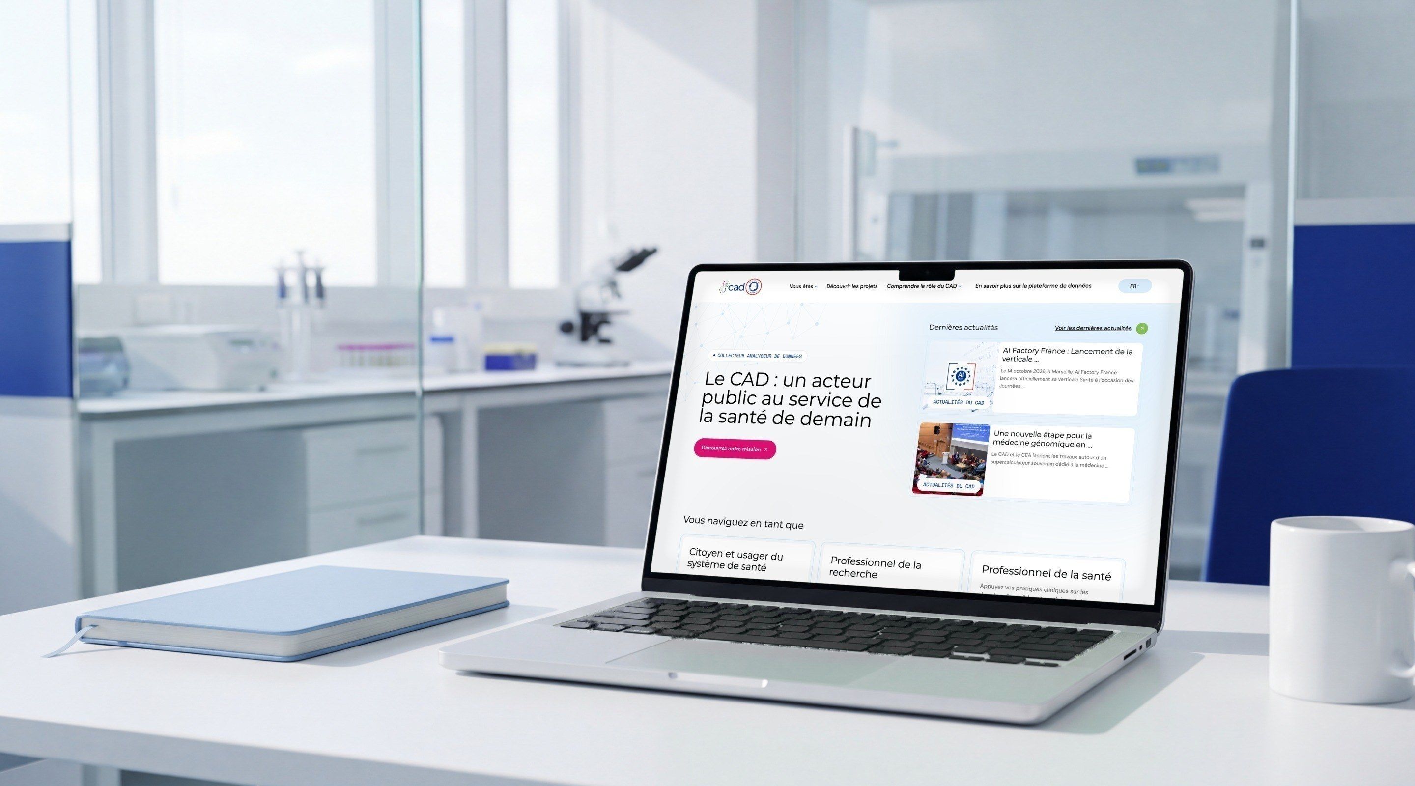 MacBook Pro open on the CAD home page, “The CAD: a public body serving tomorrow's healthcare”