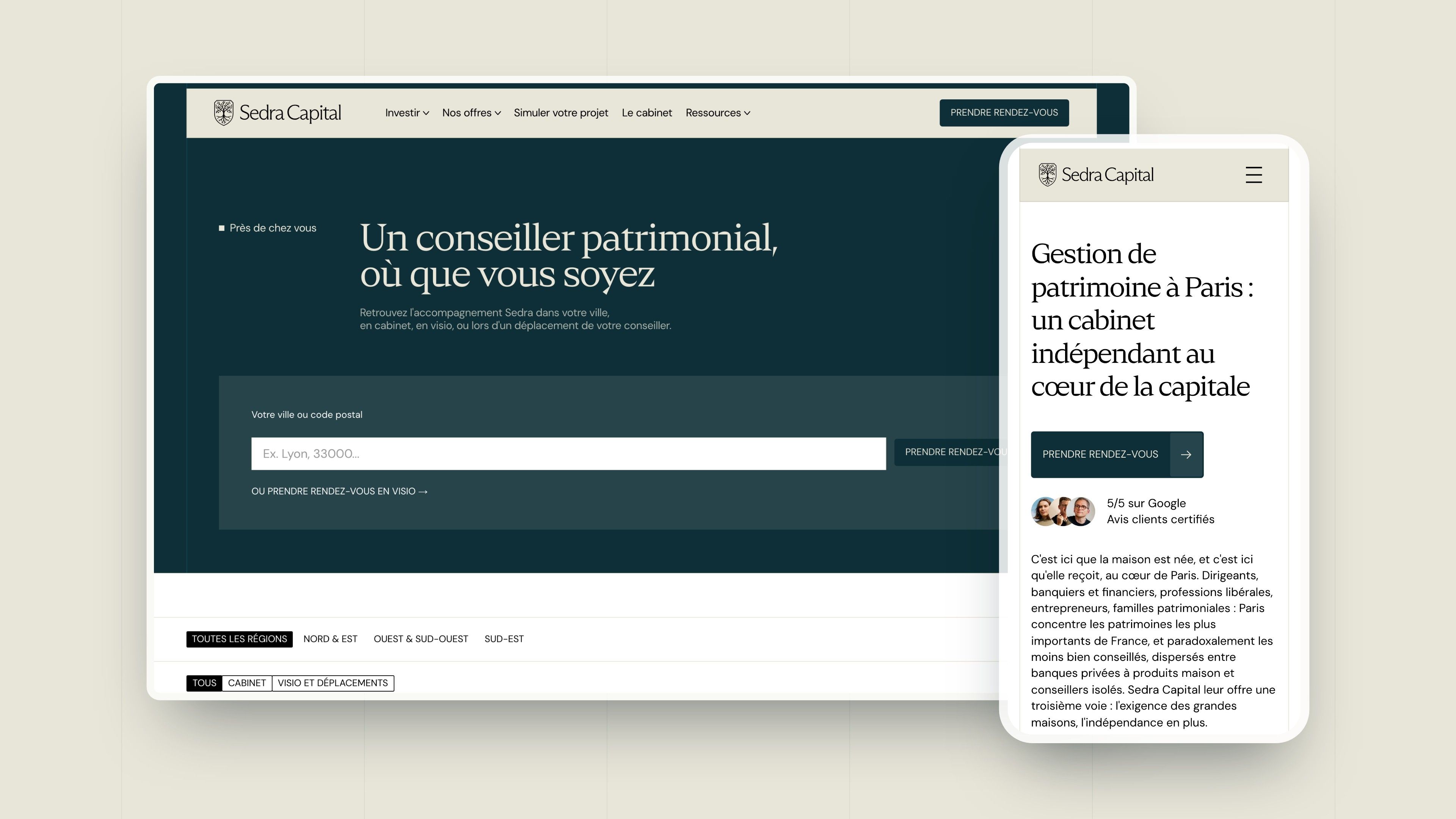 City index on desktop and the Wealth management in Paris page on mobile