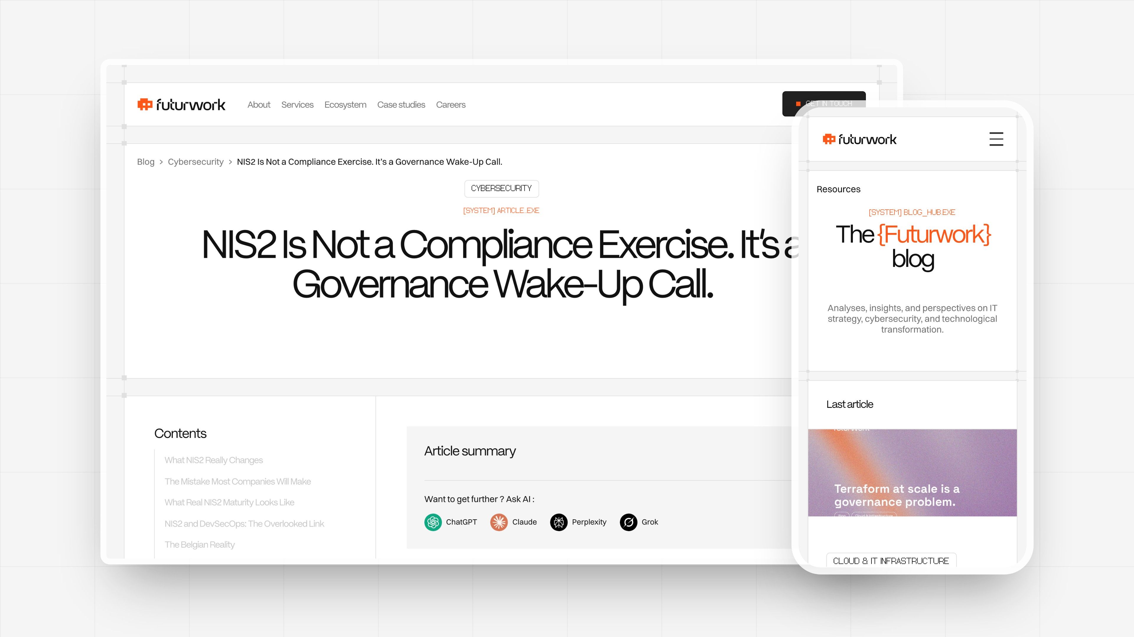 Article “NIS2 Is Not a Compliance Exercise” on desktop and the blog on mobile