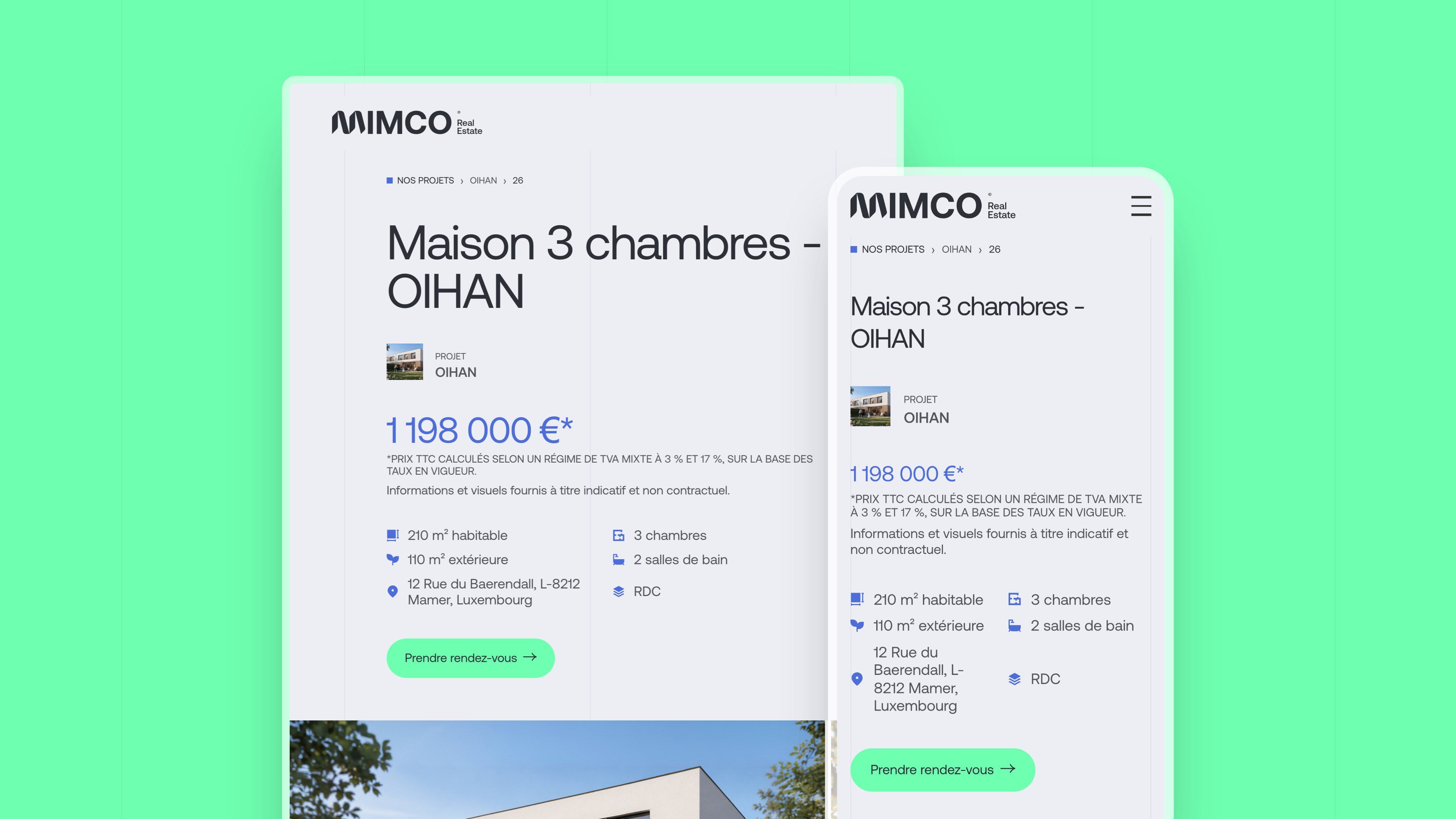 Unit page “3-bedroom house - OIHAN” generated from the CMS, on desktop and mobile: price, floor areas, bedrooms and address