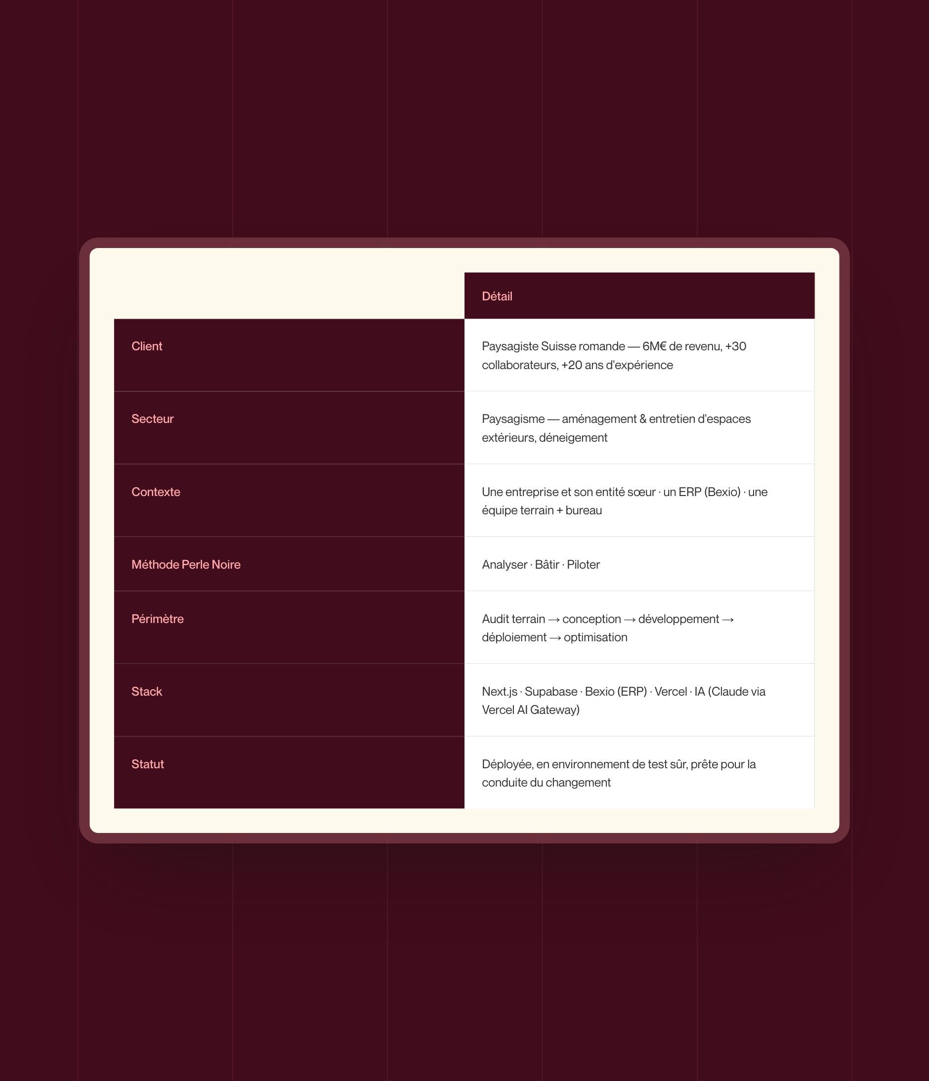 Case study summary table: client, sector, context, method, scope, stack and status