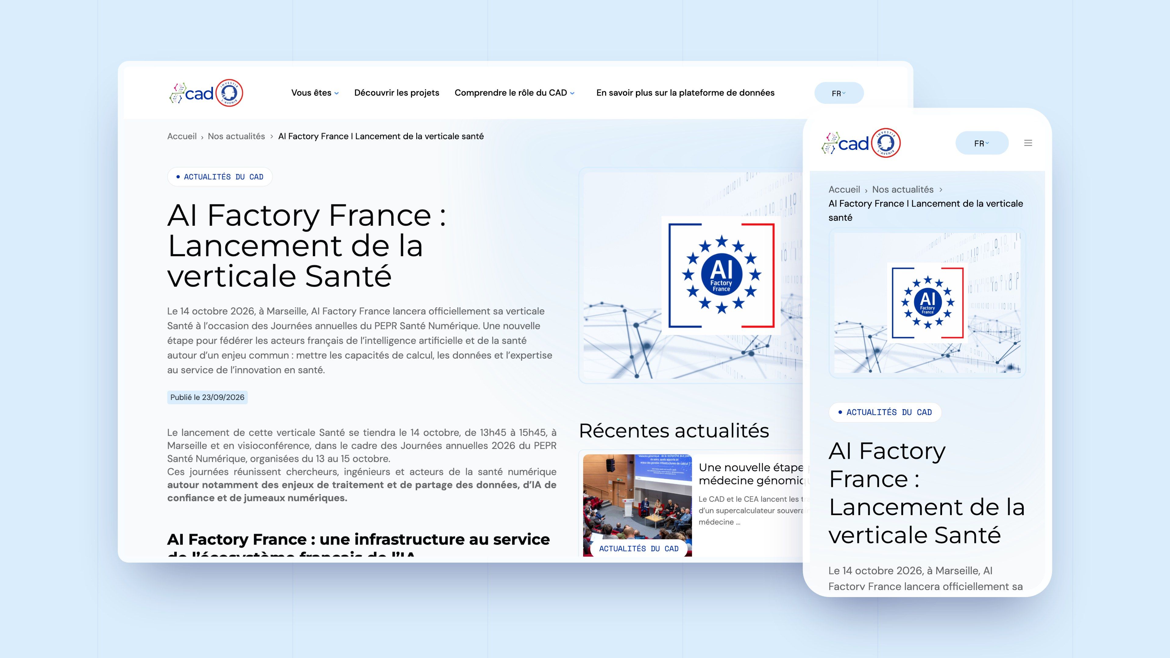 “AI Factory France: launch of the Health vertical” news item on desktop and mobile