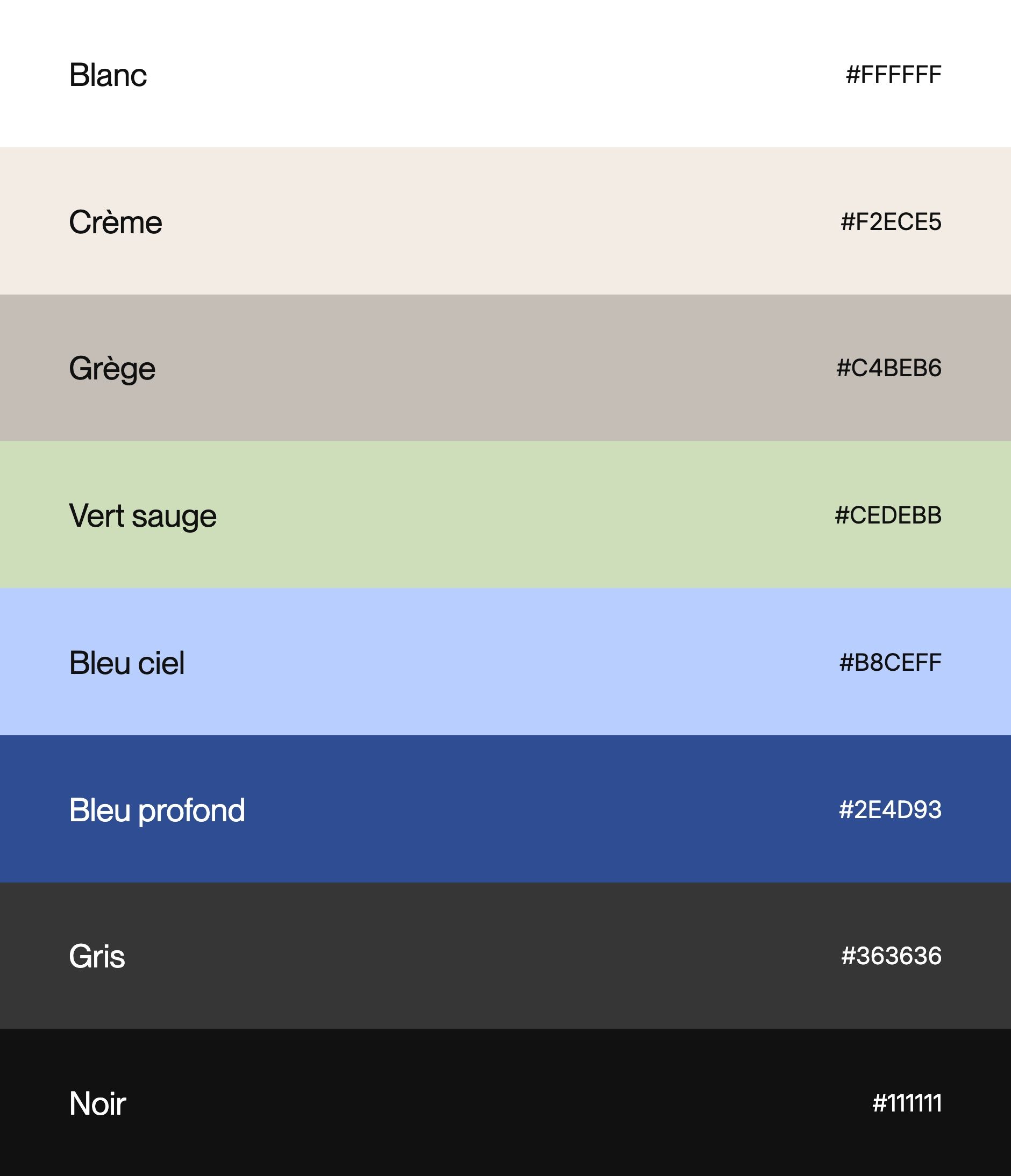 COSS palette in bands: white, cream, greige, black, grey, sage green, sky blue and deep blue