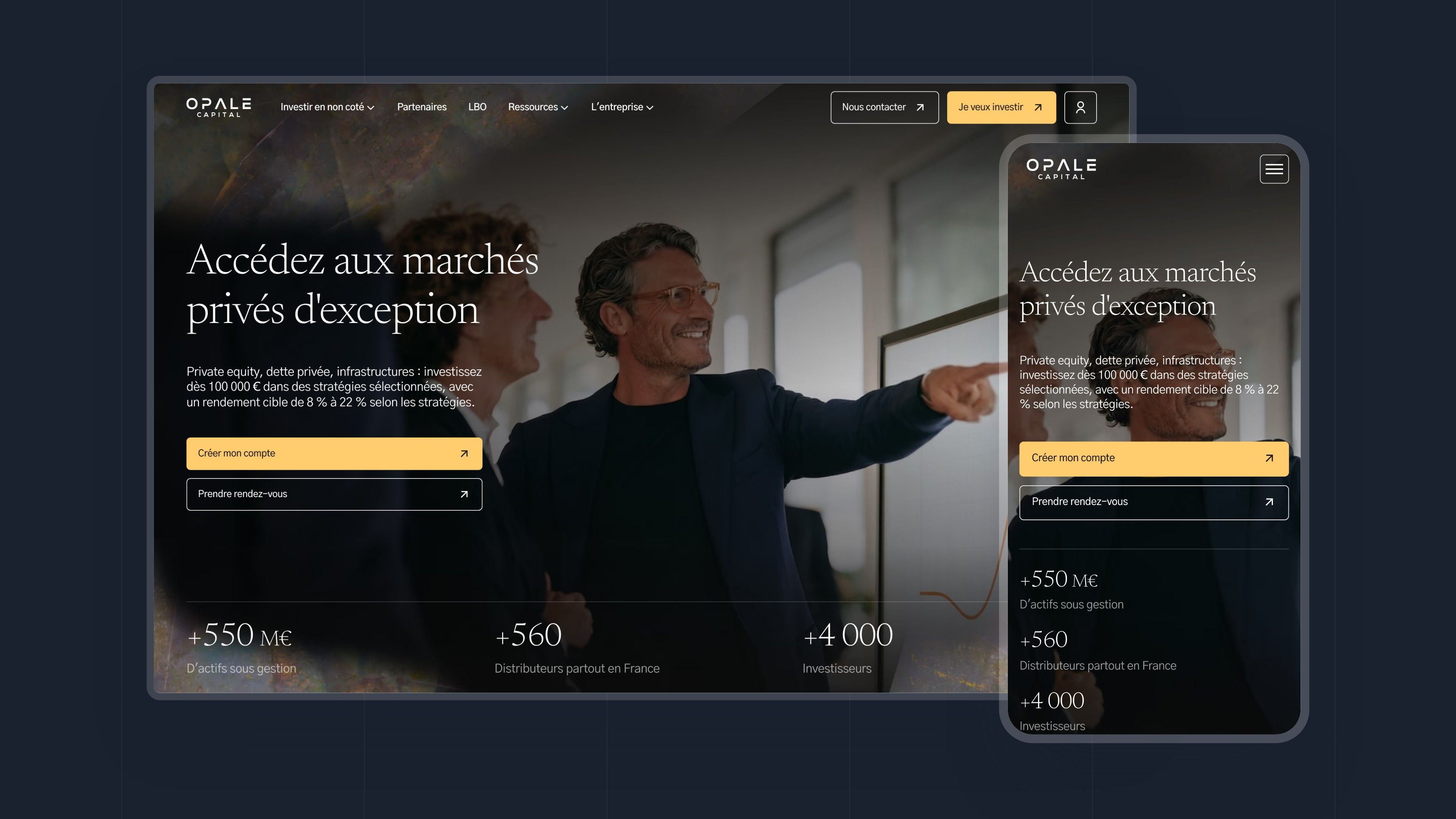 Opale Capital home page on desktop and mobile, on a dark blue background