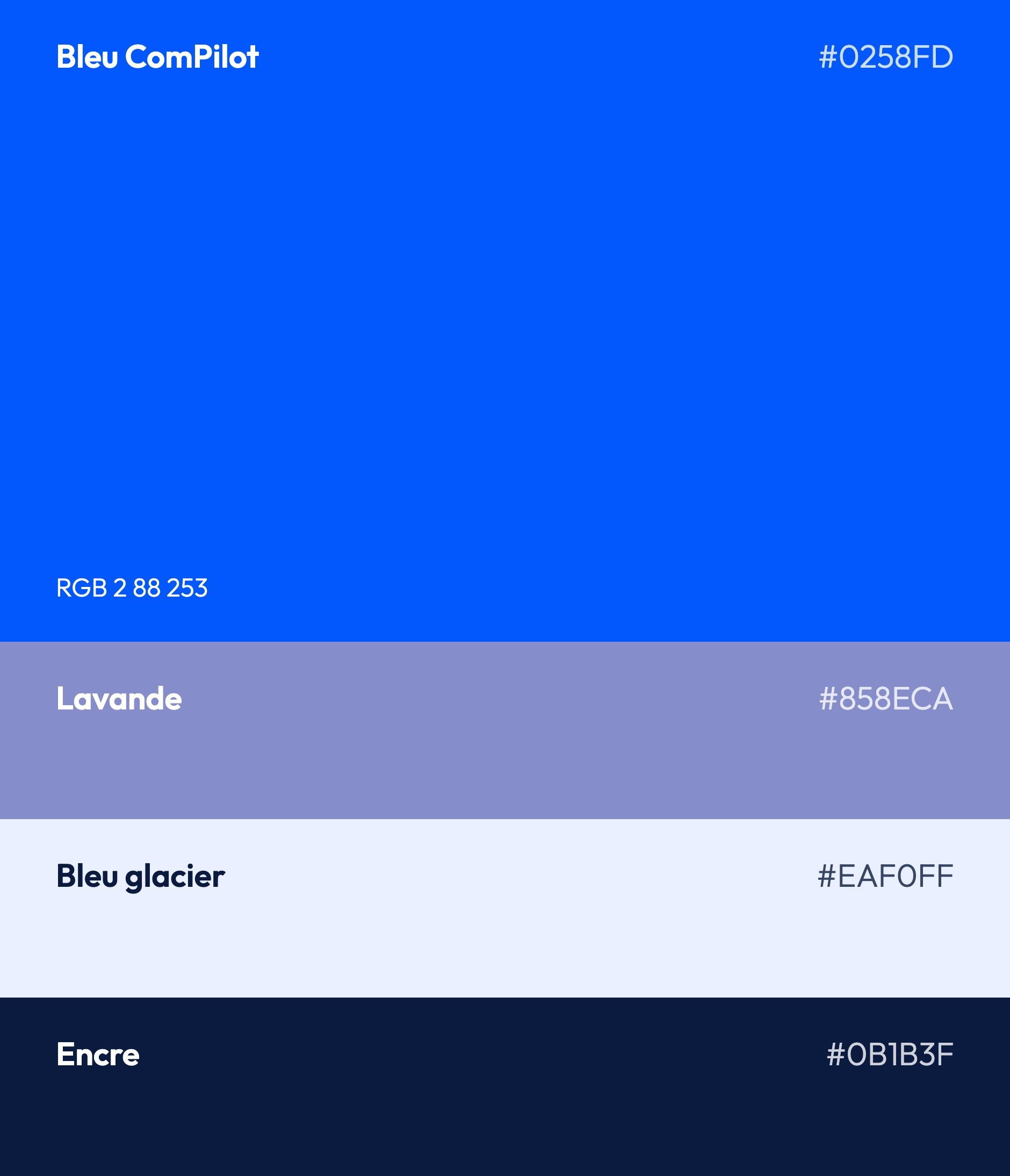Palette animée ComPilot : bleu ComPilot, lavande, bleu glacier et encre