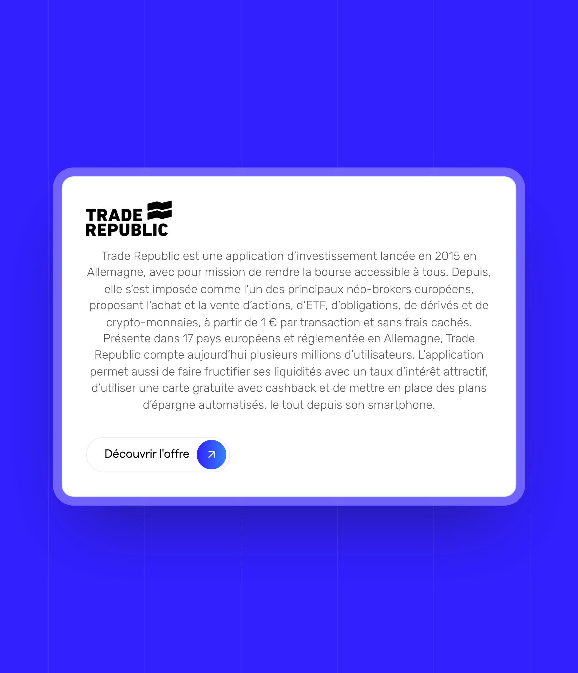 Partner page generated by the CMS: Trade Republic and its “Discover the offer” button