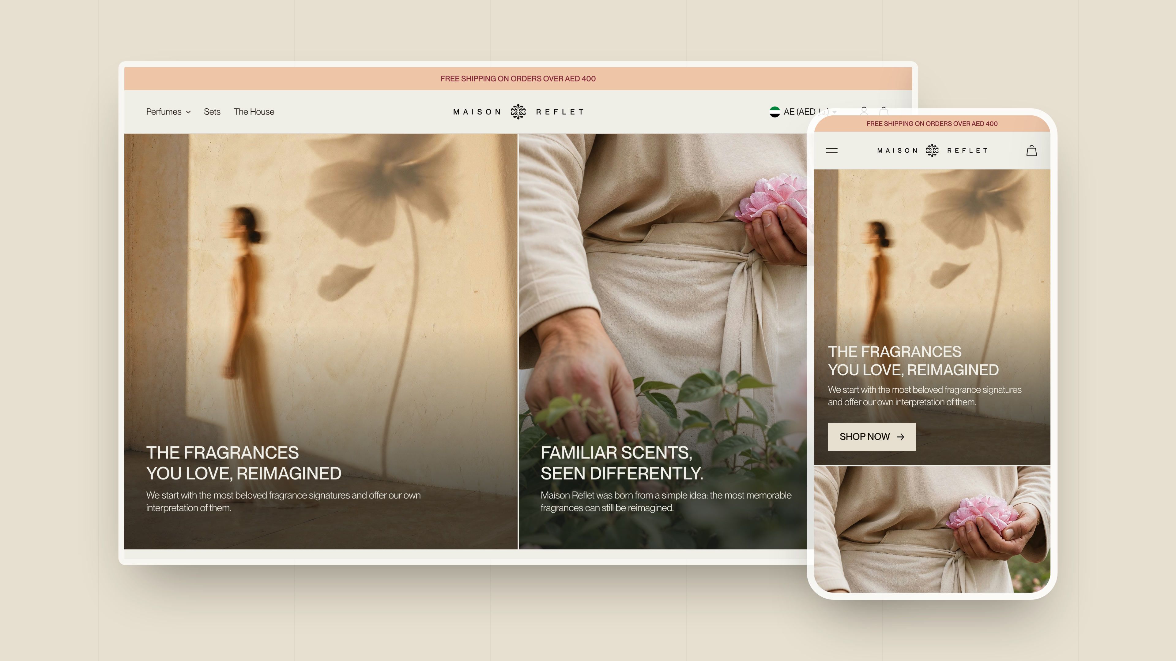 Maison Reflet home page on desktop and mobile