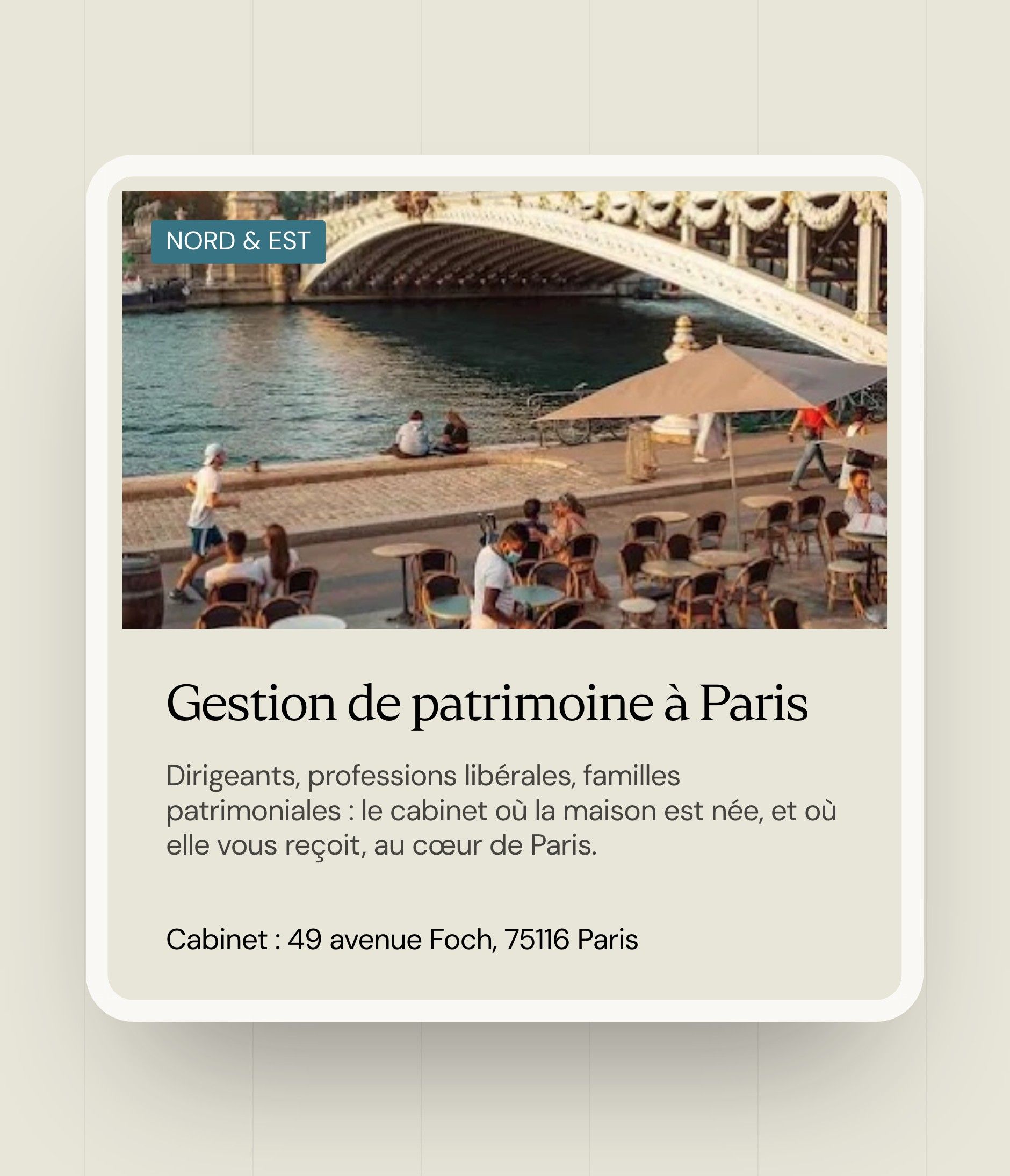 Card for the Wealth management in Paris page, generated by the CMS