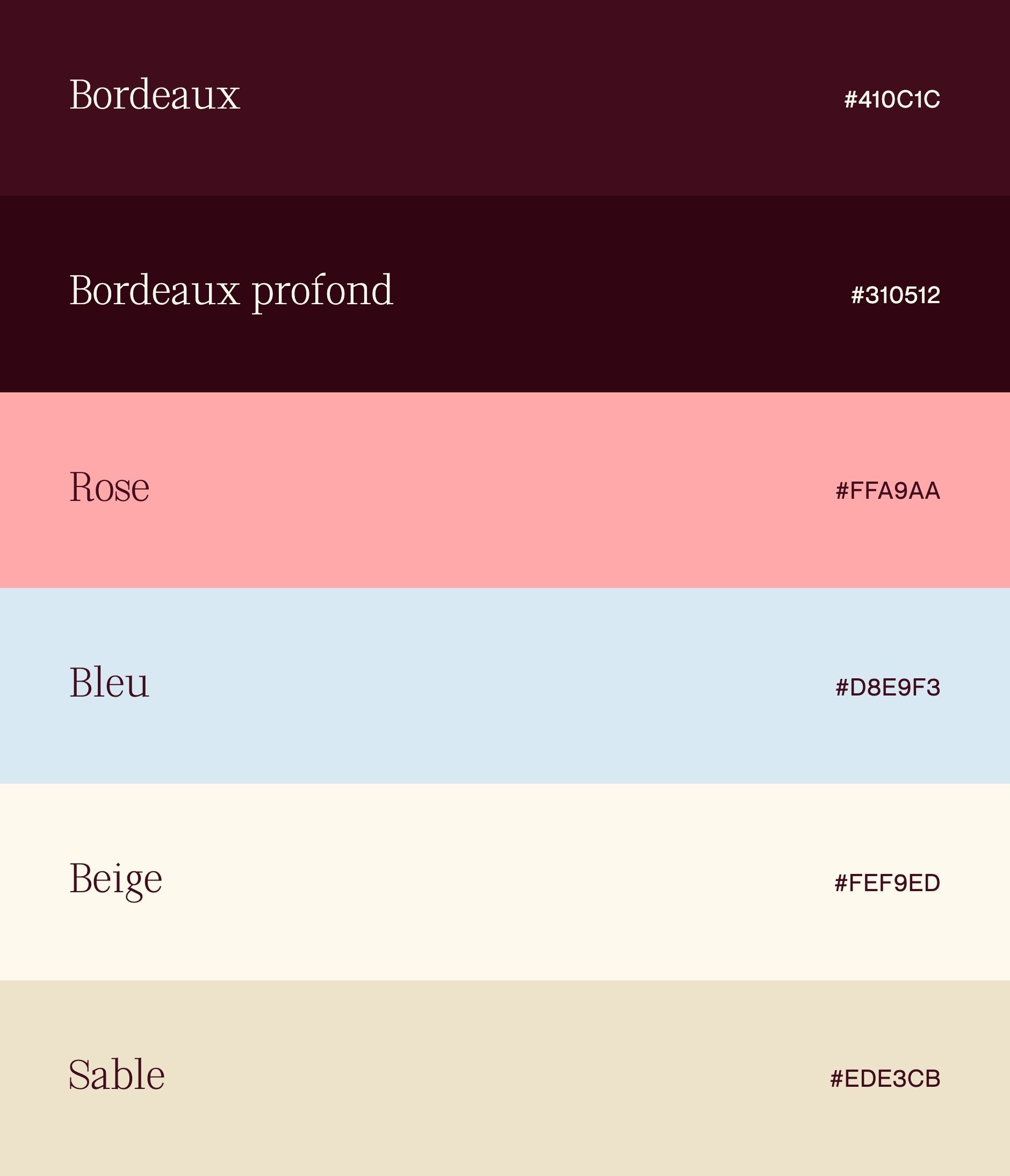 Perle Noire palette: burgundy, deep burgundy, pink, blue, beige and sand