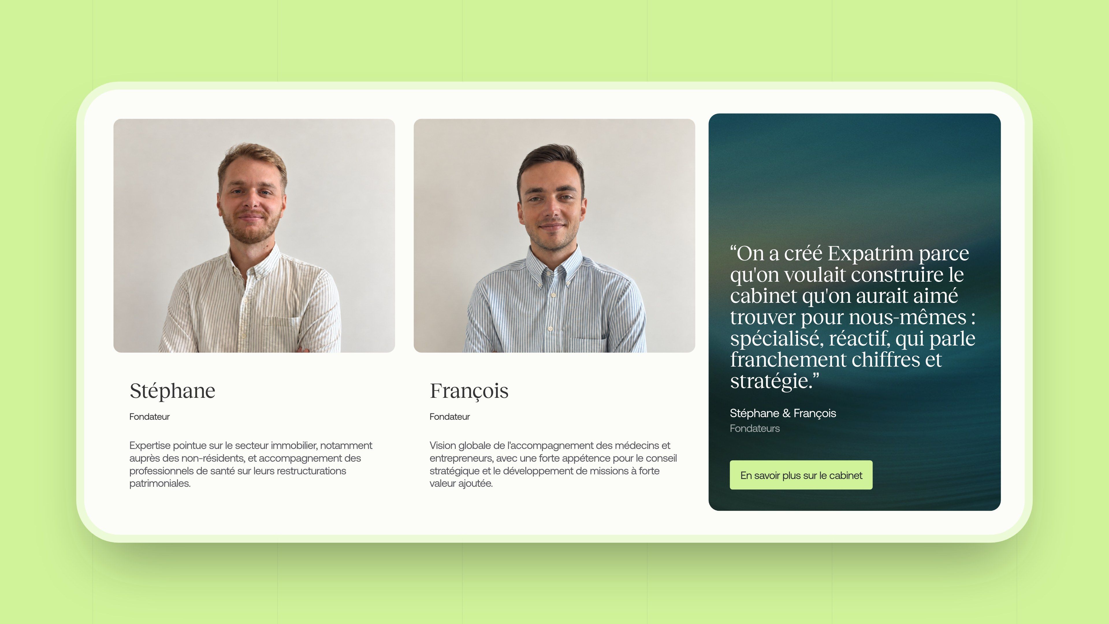 Section on the two founding accountants, Stéphane and François