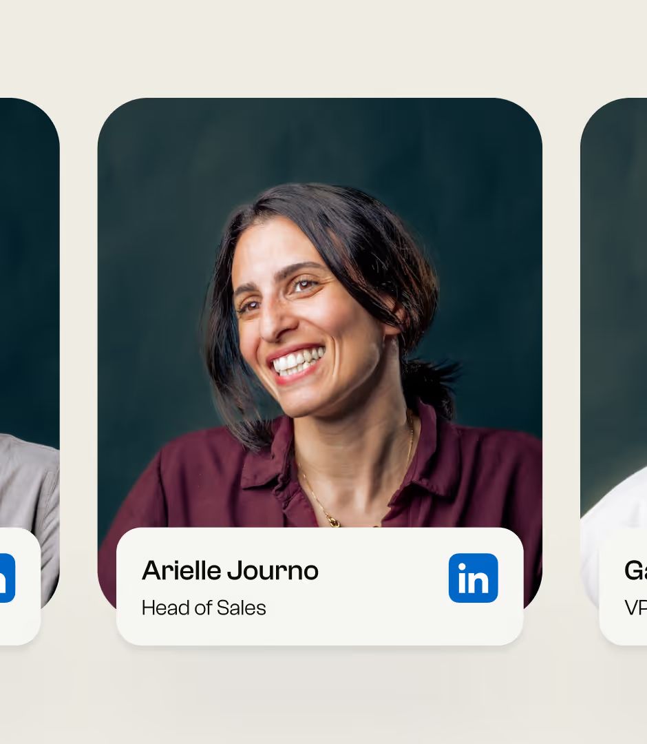 Paradox team card carousel: portrait of Arielle Journo, Head of Sales, with LinkedIn icon