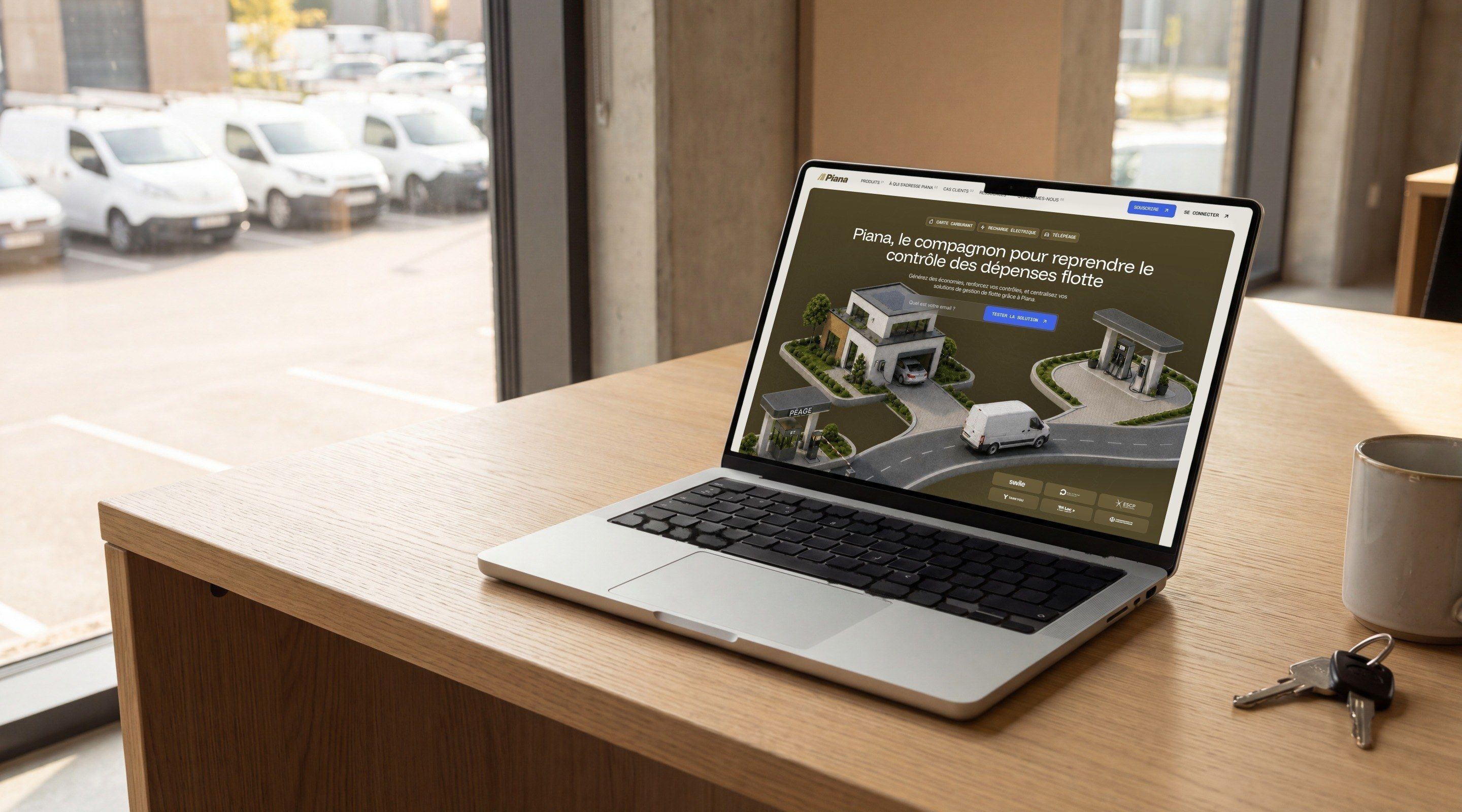 MacBook Pro on an oak desk in front of a car park of white vans, open on the Piana home page, “the companion for taking back control of fleet spending”