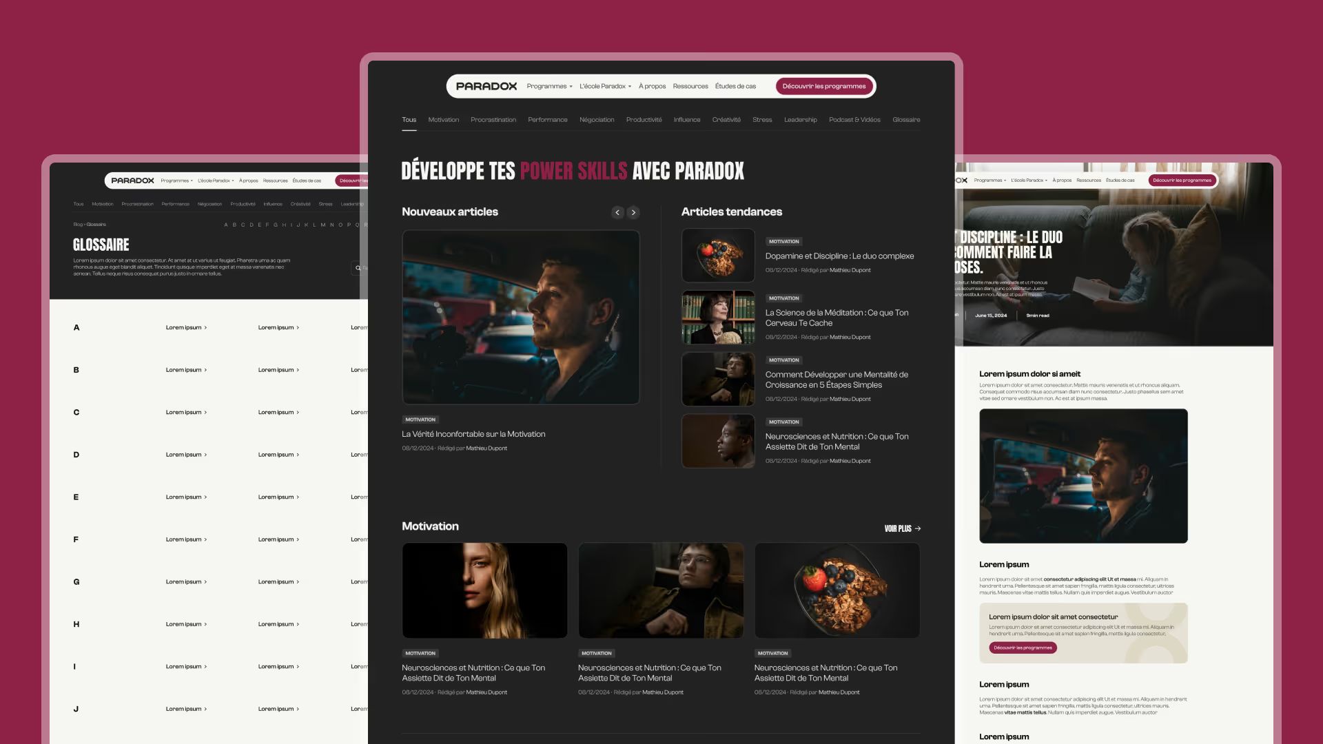 Paradox blog mockups: A–Z glossary, "Développe tes power skills" homepage and article page