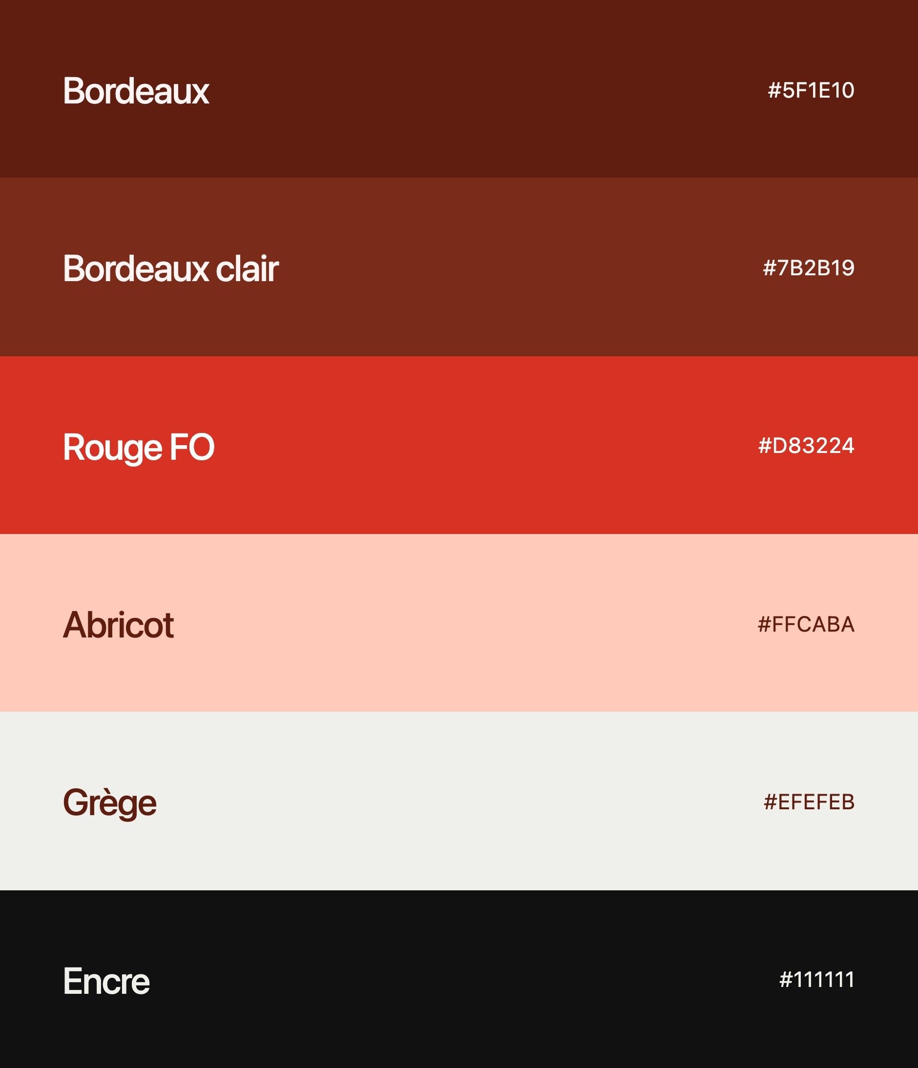 FO Centrale Bercy palette: burgundy, light burgundy, FO red, apricot, greige and ink