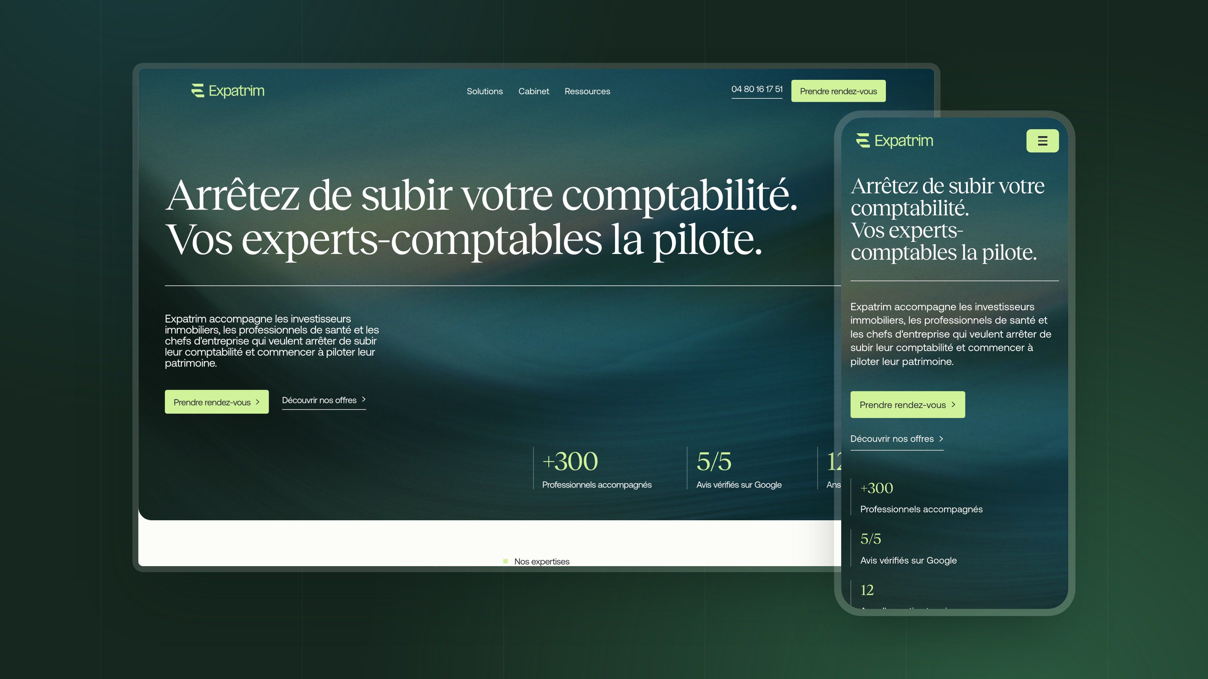 Expatrim home page on desktop and mobile, on a deep green background