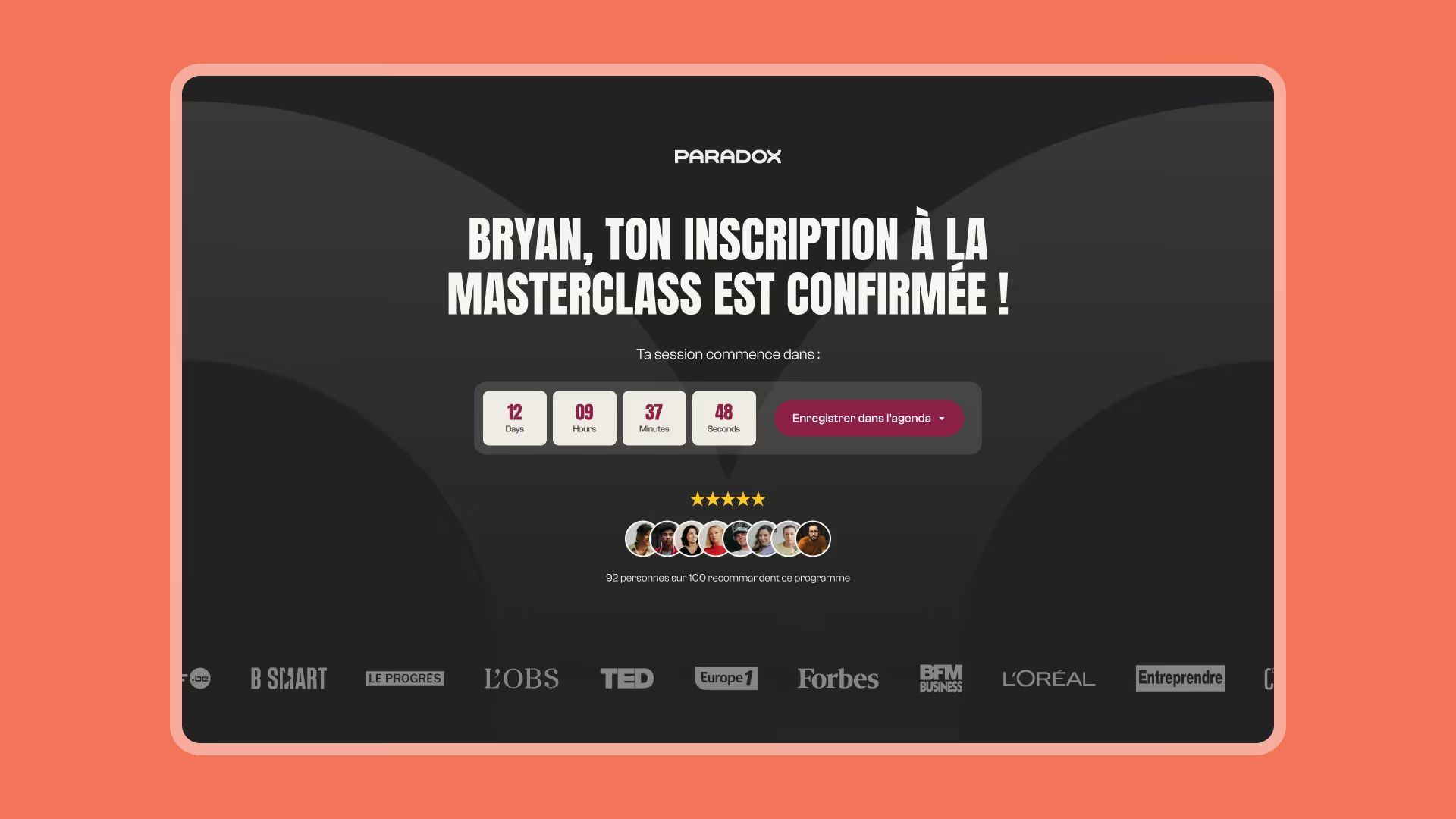 Paradox thank-you page: “Bryan, your masterclass registration is confirmed!”, countdown timer and media logos