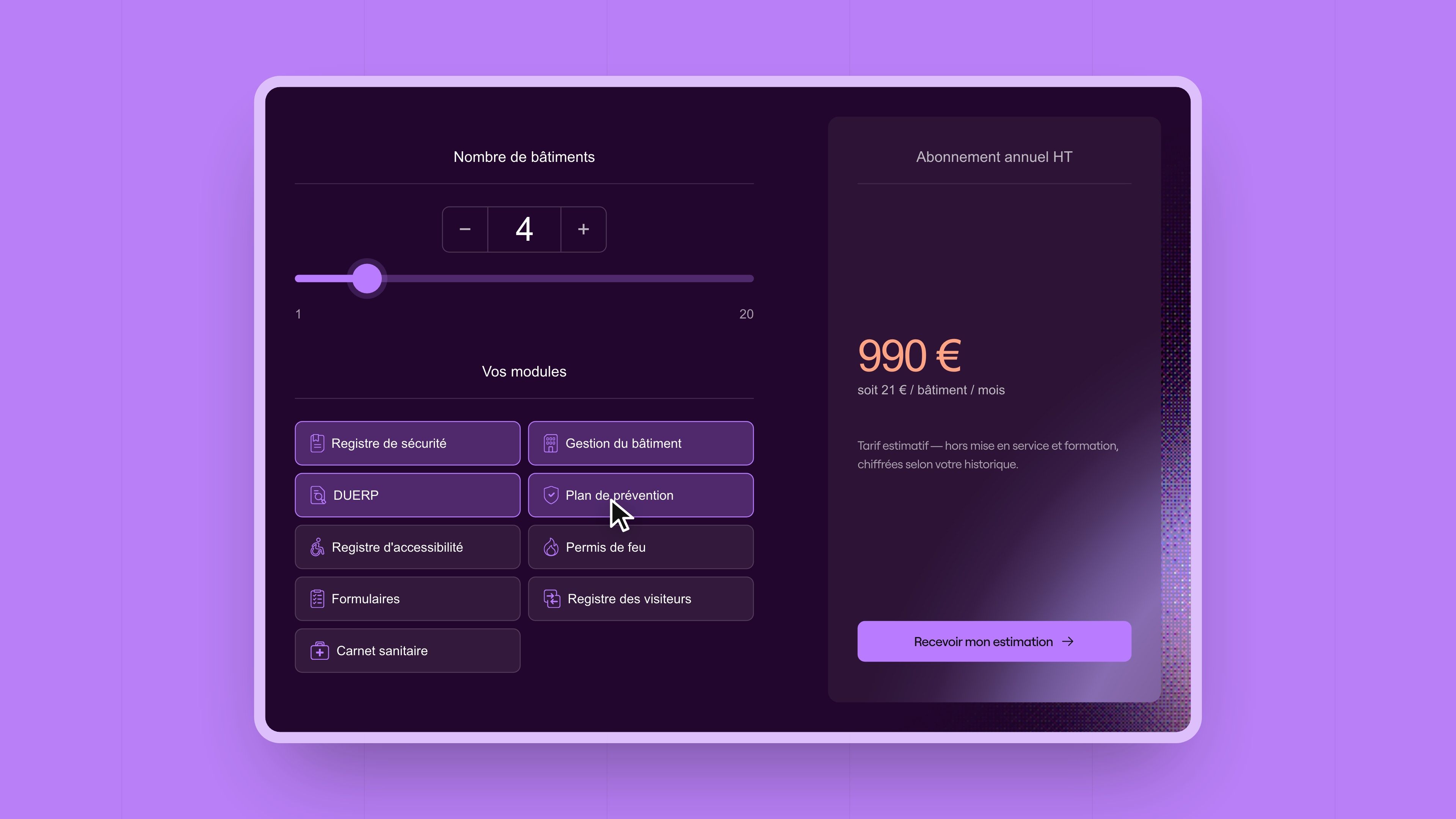 Deemply price estimator: number of buildings, modules and annual price