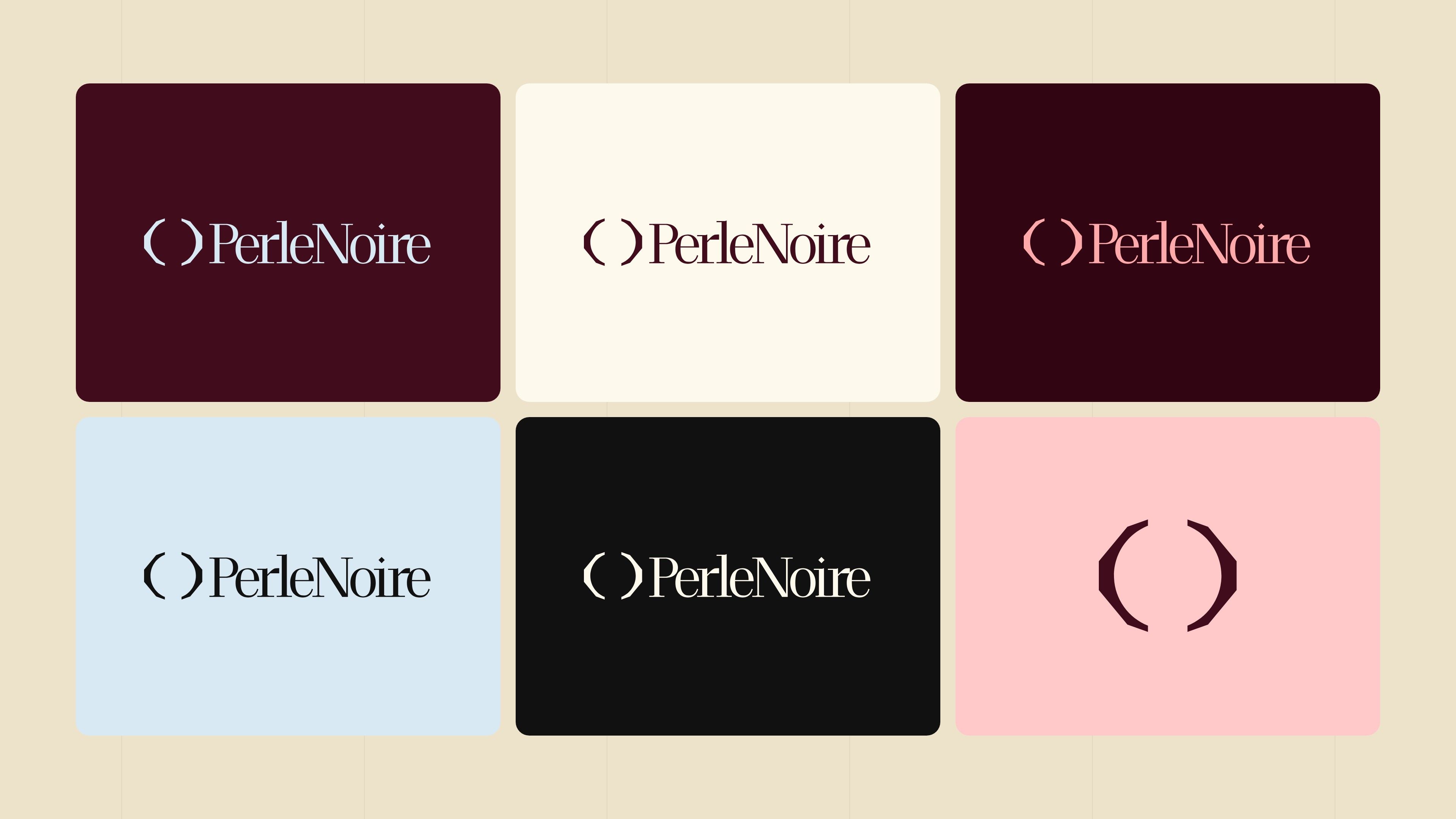 Perle Noire logo variations: blue, burgundy, pink, light, dark and pictogram alone