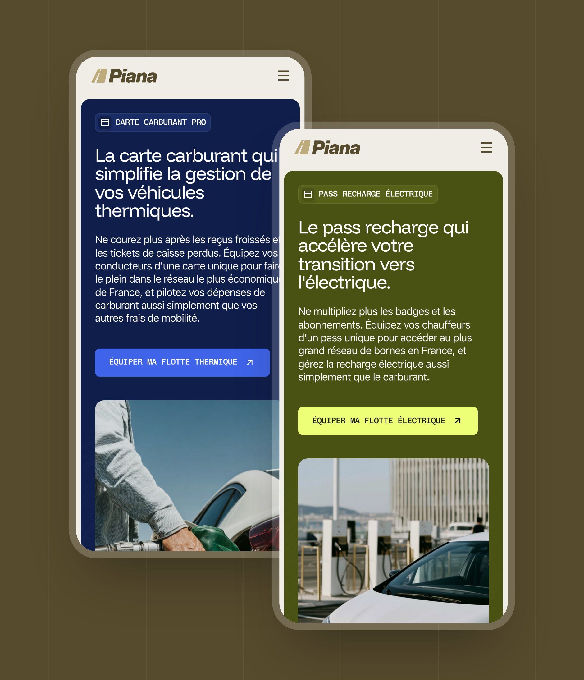 Piana Fuel card and EV Charging Pass pages on mobile
